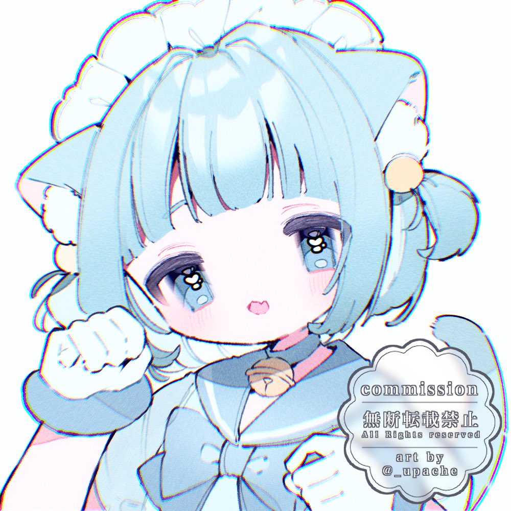 upa papa co, original, commentary, commission, symbol-only commentary, 1girl, :d, animal ear fluff, animal ears, bell, blue choker, blue eyes, blue gloves, blue hair, blue sailor collar, blue shirt, blunt bangs, blush, cat ears, cat girl, cat tail, choker, fang, gloves, hair ornament, hands up, jingle bell, looking at viewer, maid headdress, neck bell, open mouth, paw pose, portrait, sailor collar, shirt, short hair, short sleeves, simple background, skin fang, smile, solo, tail, twitter username, two side up, watermark, white background