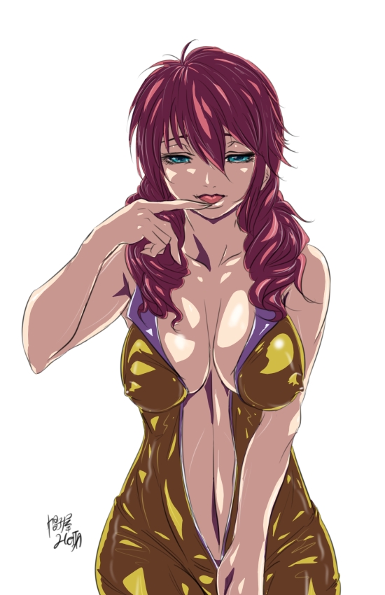 madhatter hello, feldt grace, gundam, gundam 00, 00s, 1girl, breasts, center opening, cleavage, covered erect nipples, female focus, large breasts, naughty face, pink hair, solo, unzipped