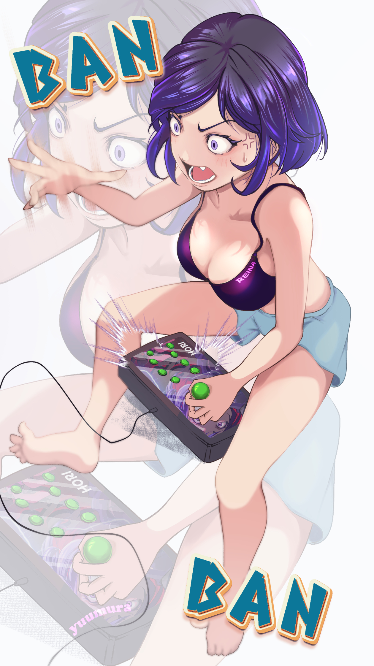 yuumura ch, reina (tekken), tekken, tekken 8, commentary, english commentary, highres, mixed-language commentary, 1girl, anger vein, arcade stick, breasts, character name, controller, feet, game controller, joystick, open mouth, short hair, shorts, solo, sweat, toes