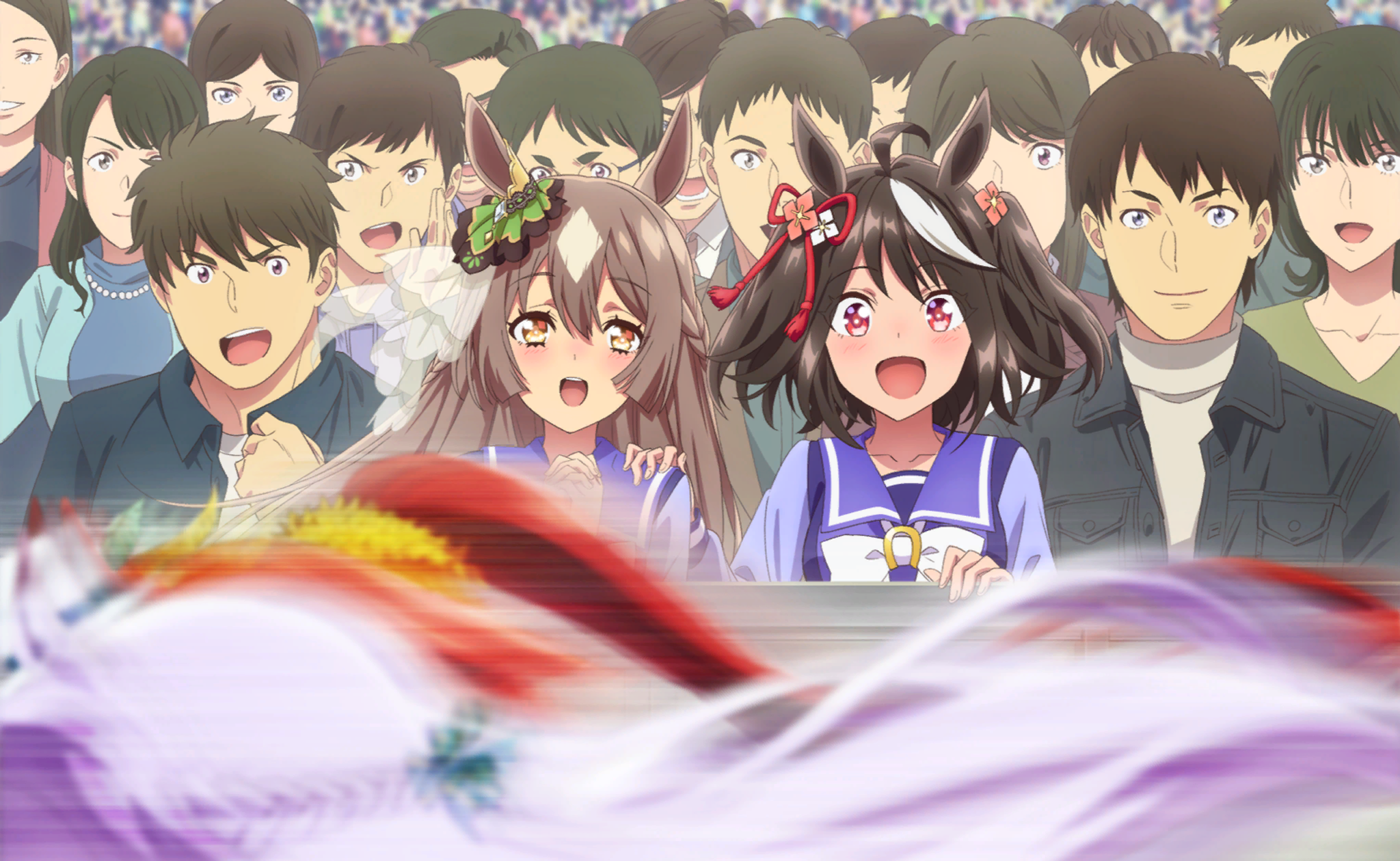 kitasan black (umamusume), mejiro mcqueen (end of the skies) (umamusume), mejiro mcqueen (umamusume), satono diamond (umamusume), tokai teio (beyond the horizon) (umamusume), tokai teio (umamusume), umamusume, artist request, game cg, highres, official art, 6+boys, 6+girls, ahoge, animal ears, anime coloring, aqua ribbon, audience, black hair, blue sailor collar, blue shirt, bow, bowtie, breasts, brooch, brown hair, cheering, collarbone, day, diamond (shape), dot nose, ear ornament, eyes visible through hair, feather hair ornament, feathers, fingernails, floating hair, flower, from side, green ribbon, hair between eyes, hair flower, hair ornament, hair ribbon, hair scrunchie, hand on another's shoulder, happy, horse ears, horse girl, horseshoe ornament, interlocked fingers, jewelry, light blush, long hair, long sleeves, looking at another, medium breasts, motion blur, multicolored hair, multiple boys, multiple girls, nape braid, official alternate costume, open mouth, outdoors, own hands clasped, own hands together, pink flower, ponytail, purple hair, racing, red eyes, red ribbon, ribbon, running, sailor collar, school uniform, scrunchie, see-through ribbon, shirt, smile, streaked hair, tareme, teeth, tracen school uniform, two side up, upper teeth only, very long hair, whispering, white bow, white bowtie, white flower, white ribbon, yellow eyes, yellow scrunchie