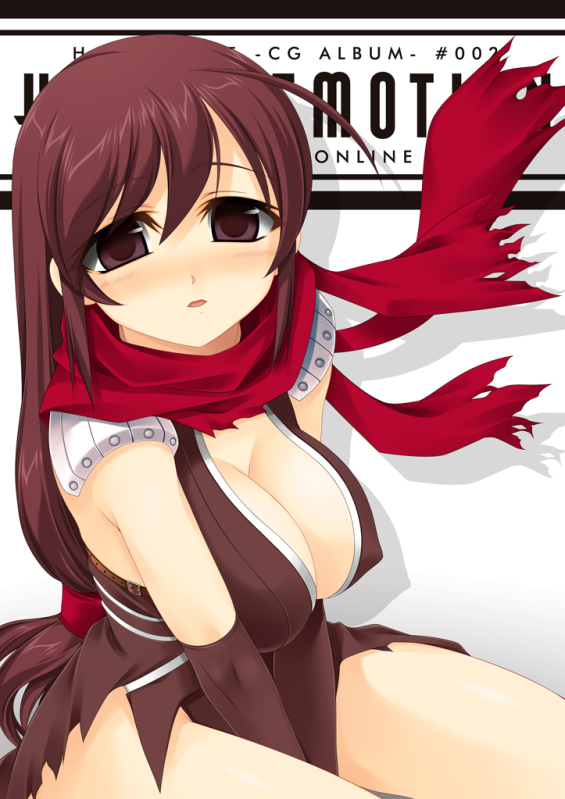 kinoshita ichi, assassin cross (ragnarok online), ragnarok online, 1girl, blush, breasts, breasts squeezed together, brown eyes, brown hair, cleavage, elbow gloves, female focus, gloves, large breasts, long hair, scarf, solo
