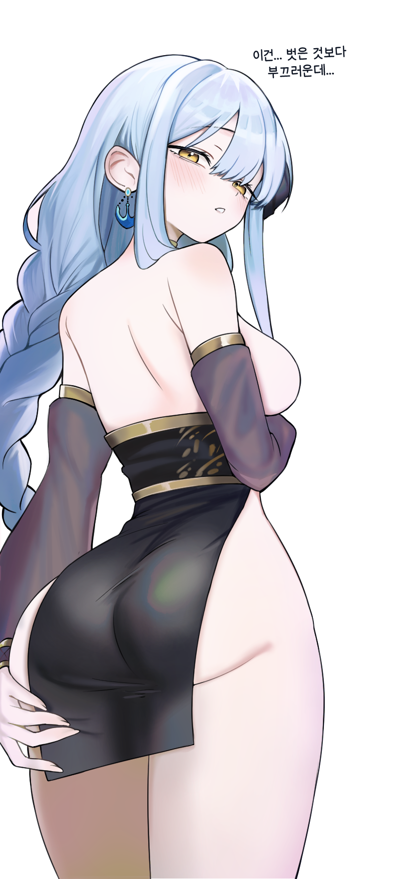 original, artist request, commission, highres, second-party source, translated, 1girl, ass, back, bare shoulders, biryu soso, black dress, blue hair, braid, breasts, cowboy shot, detached sleeves, dress, earrings, from behind, gold trim, hand on own ass, jewelry, korean text, long hair, long sleeves, looking at viewer, looking back, medium breasts, no panties, open mouth, pelvic curtain, short dress, sideboob, simple background, single braid, sleeveless, sleeveless dress, solo, thighs, white background, yellow eyes