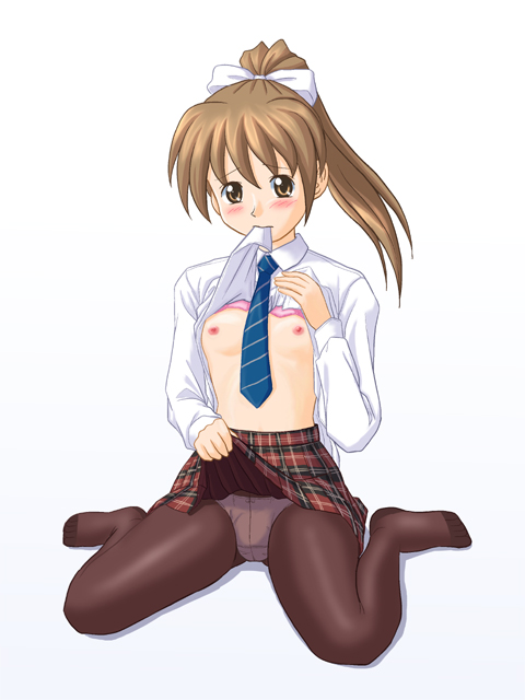 lielos, poniko (lielos), original, 1girl, blue necktie, blush, bra, breasts, brown eyes, brown hair, clothes lift, crotch seam, feet, female focus, flat chest, hair ribbon, lingerie, mouth hold, necktie, nipples, panties, panties under pantyhose, pantyhose, plaid clothes, plaid skirt, ponytail, ribbon, school uniform, shirt lift, skirt, skirt lift, solo, underwear