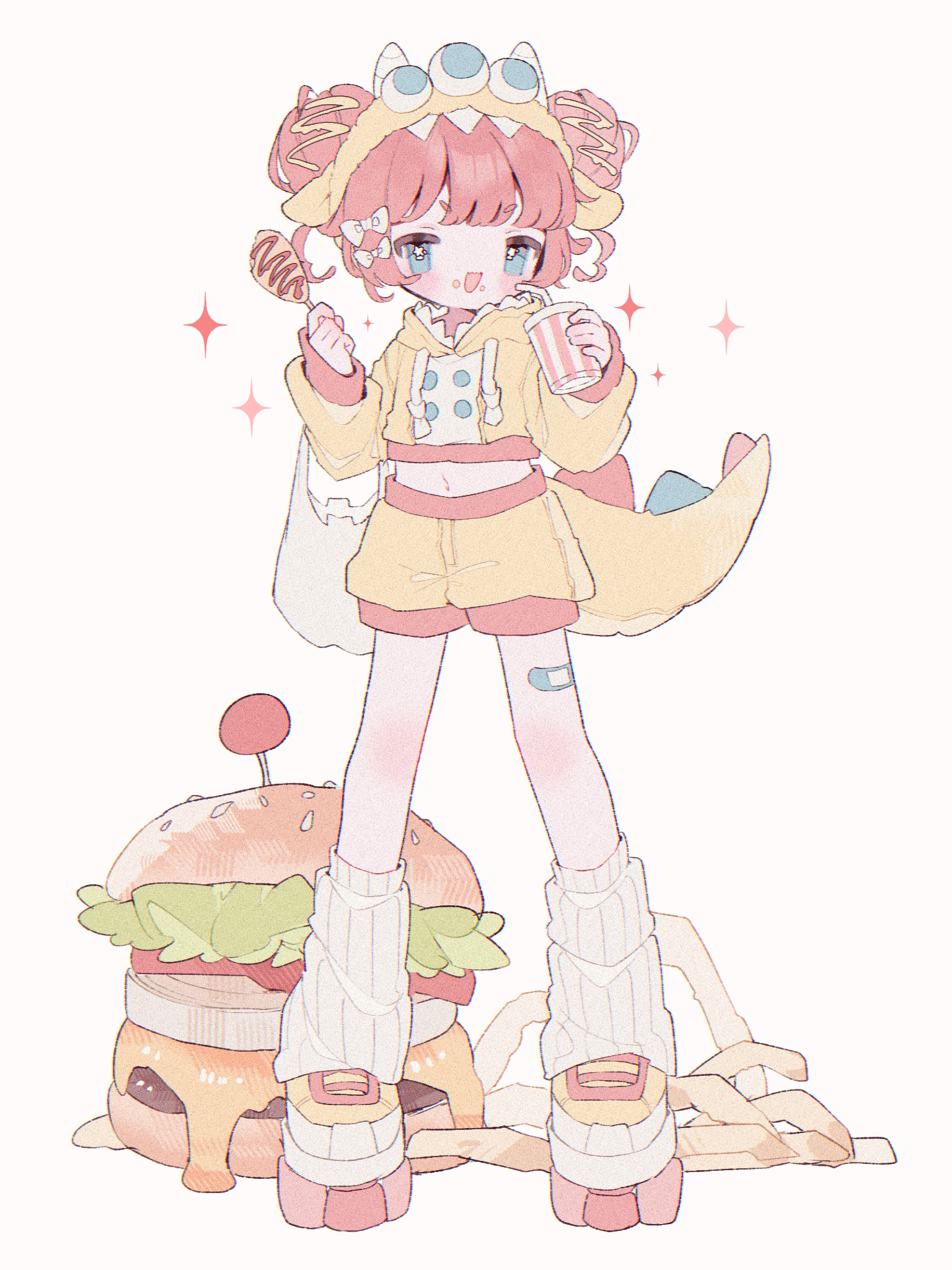 upa papa co, original, commentary request, highres, 1girl, :d, bag, bandaid, bandaid on leg, blue eyes, blush, burger, corn dog, cup, double bun, drawstring, drinking straw, food, food on face, french fries, full body, grocery bag, hair bun, hairband, holding, holding cup, holding food, hood, hood down, hoodie, long sleeves, looking at viewer, loose socks, midriff, navel, open mouth, red hair, ribbed socks, shoes, shopping bag, short hair, shorts, simple background, smile, socks, solo, sparkle, standing, tail, v-shaped eyebrows, white background, white socks, yellow hairband, yellow hoodie, yellow shoes, yellow shorts
