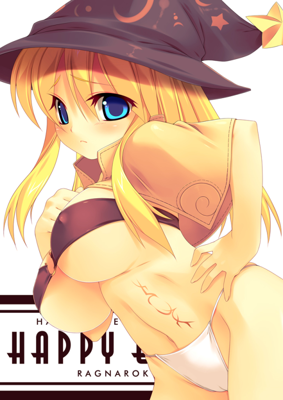 kinoshita ichi, mage (ragnarok online), ragnarok online, 1girl, blonde hair, blue eyes, blush, breasts, female focus, hand on own hip, hat, hip focus, long hair, navel, panties, solo, tattoo, underboob, underwear, witch hat