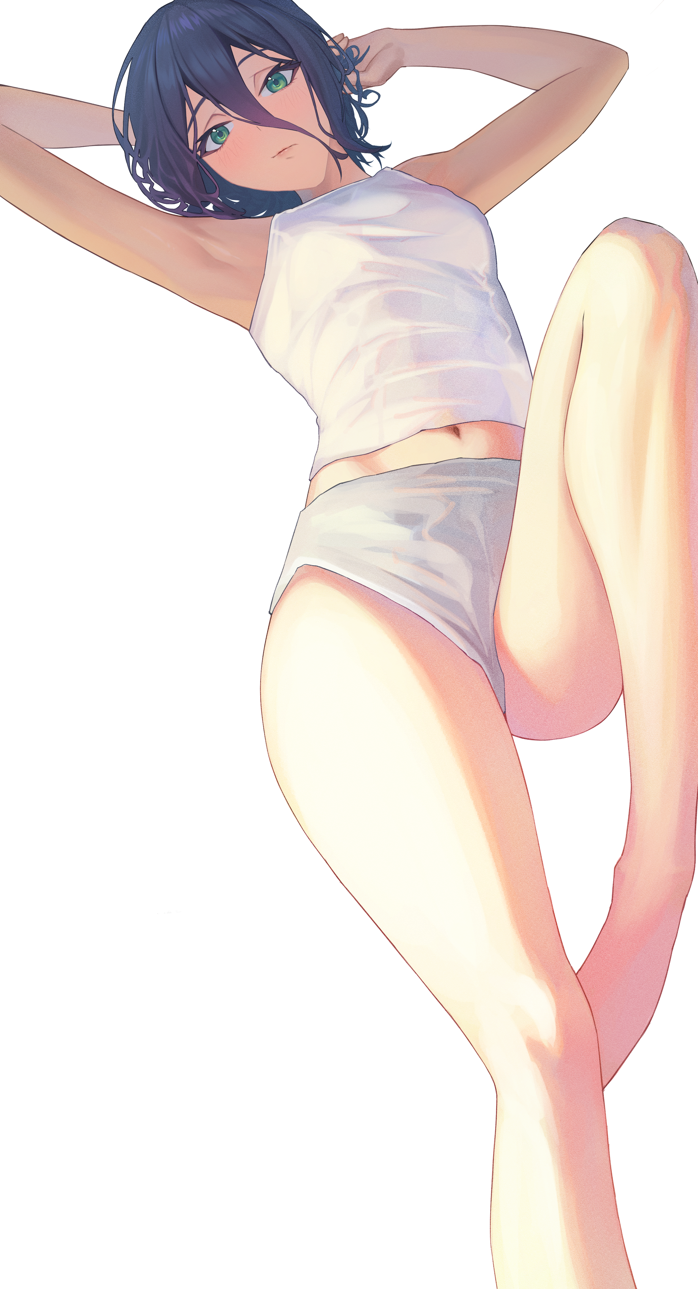 circles pen, reze (chainsaw man), chainsaw man, absurdres, commentary, highres, 1girl, armpits, arms up, bare arms, bare legs, barefoot, black hair, crop top, green eyes, grey panties, hair between eyes, long hair between eyes, looking at viewer, navel, panties, simple background, solo, underwear, underwear only, white background