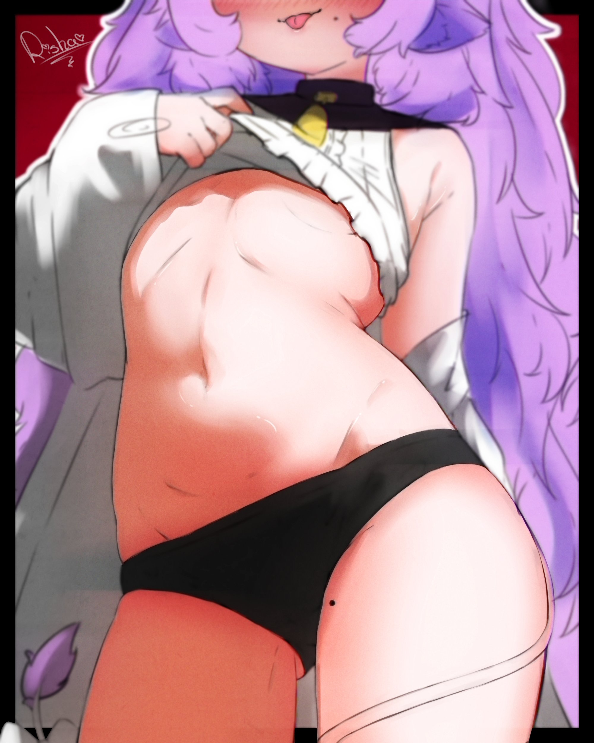 risha, muu muyu, phase connect, absurdres, highres, 1girl, animal ears, artist name, black panties, blush, clothes lift, cow ears, cow tail, eyes out of frame, flat chest, from below, gluteal fold, groin, head out of frame, lab coat, long hair, mole, navel, neck bell, panties, purple hair, shirt, shirt lift, sleeveless, sleeveless shirt, solo, tail, tongue, tongue out, underwear, virtual youtuber
