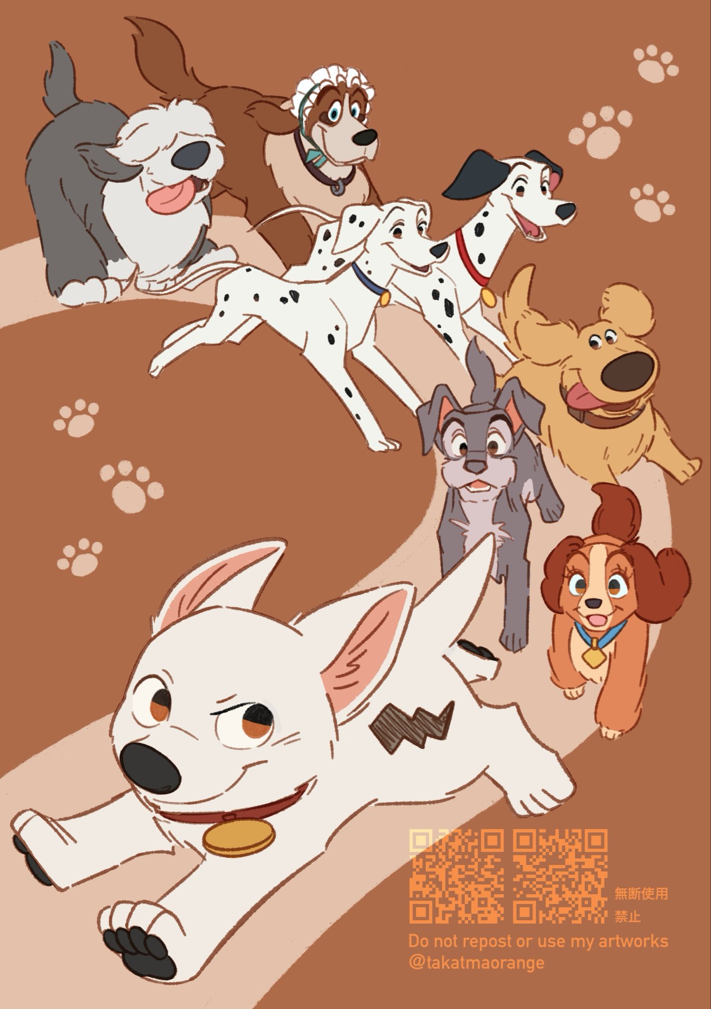 takatmaorange, bolt (bolt), dug (up), lady (disney), peg (disney), perdita (disney), pongo (disney), tramp (disney), 101 dalmatians, bolt (movie), disney, lady and the tramp, up (disney), commentary request, highres, 3girls, 5boys, company connection, dog, full body, multiple boys, multiple girls, no humans, open mouth, qr code, ribbon, simple background, smile, watermark