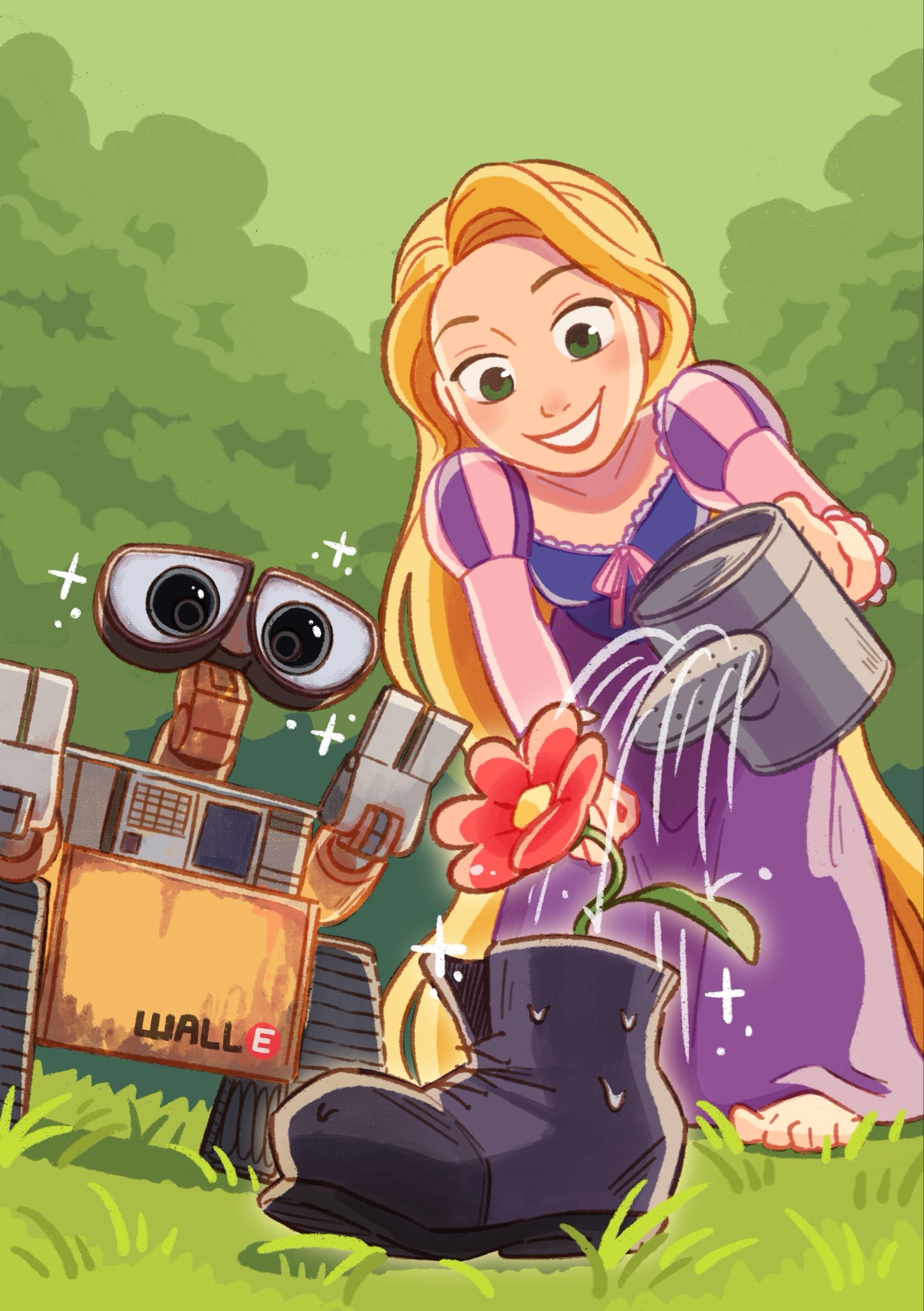 takatmaorange, rapunzel (disney), wall-e (character), disney, tangled, wall-e, commentary, highres, 1boy, 1girl, absurdly long hair, barefoot, blonde hair, company connection, crossover, dress, flower, green eyes, long hair, long sleeves, looking at viewer, plant, puffy sleeves, purple dress, robot, shoes, smile, very long hair, watering can
