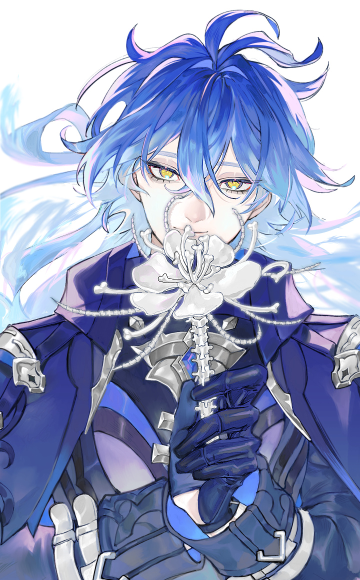 flins (genshin impact), genshin impact, 1boy, antenna hair, bags under eyes, blue coat, blue hair, coat, collared coat, eyelashes, flower, gloves, gradient hair, holding, holding flower, light smile, looking at viewer, love red, male focus, multicolored hair, simple background, solo, upper body, yellow eyes