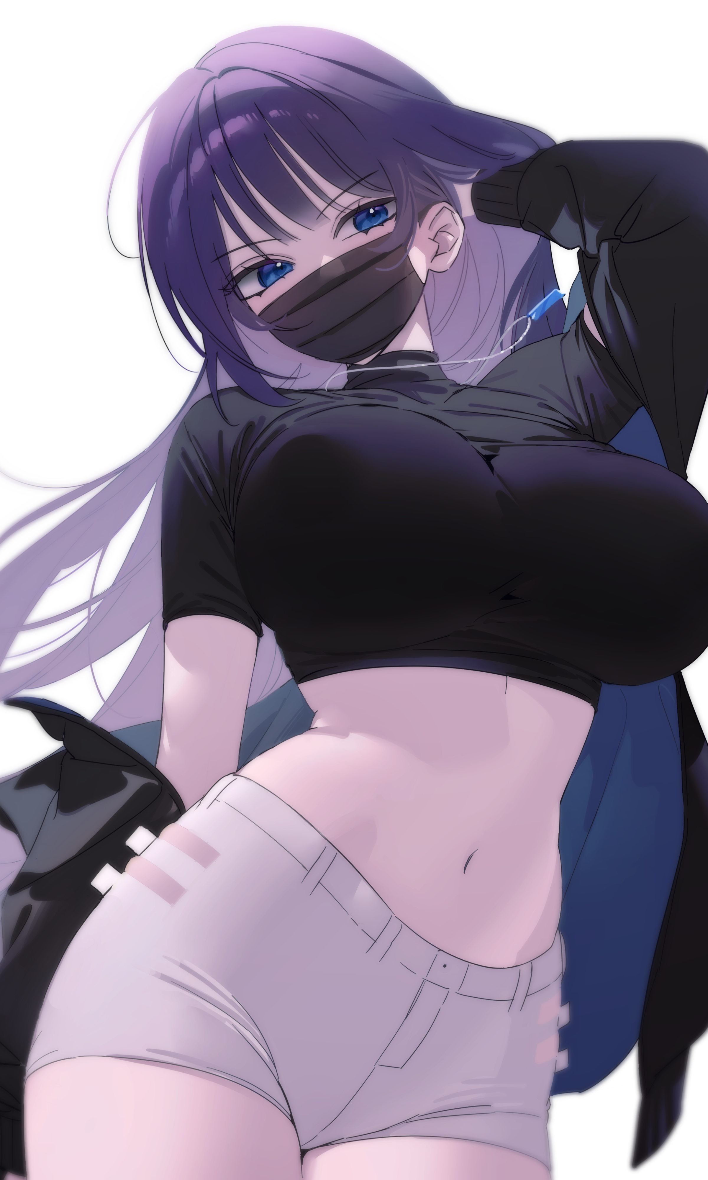 myao (o3o333), yuna (biya (1024)), original, absurdres, commentary request, highres, korean commentary, 1girl, arm up, black jacket, black shirt, blue eyes, borrowed character, breasts, cowboy shot, crop top, hand in own hair, jacket, jewelry, large breasts, long hair, looking at viewer, mask, midriff, mouth mask, navel, necklace, off shoulder, open clothes, open jacket, purple hair, shirt, short shorts, short sleeves, shorts, simple background, skindentation, solo, stomach, white background, white shorts