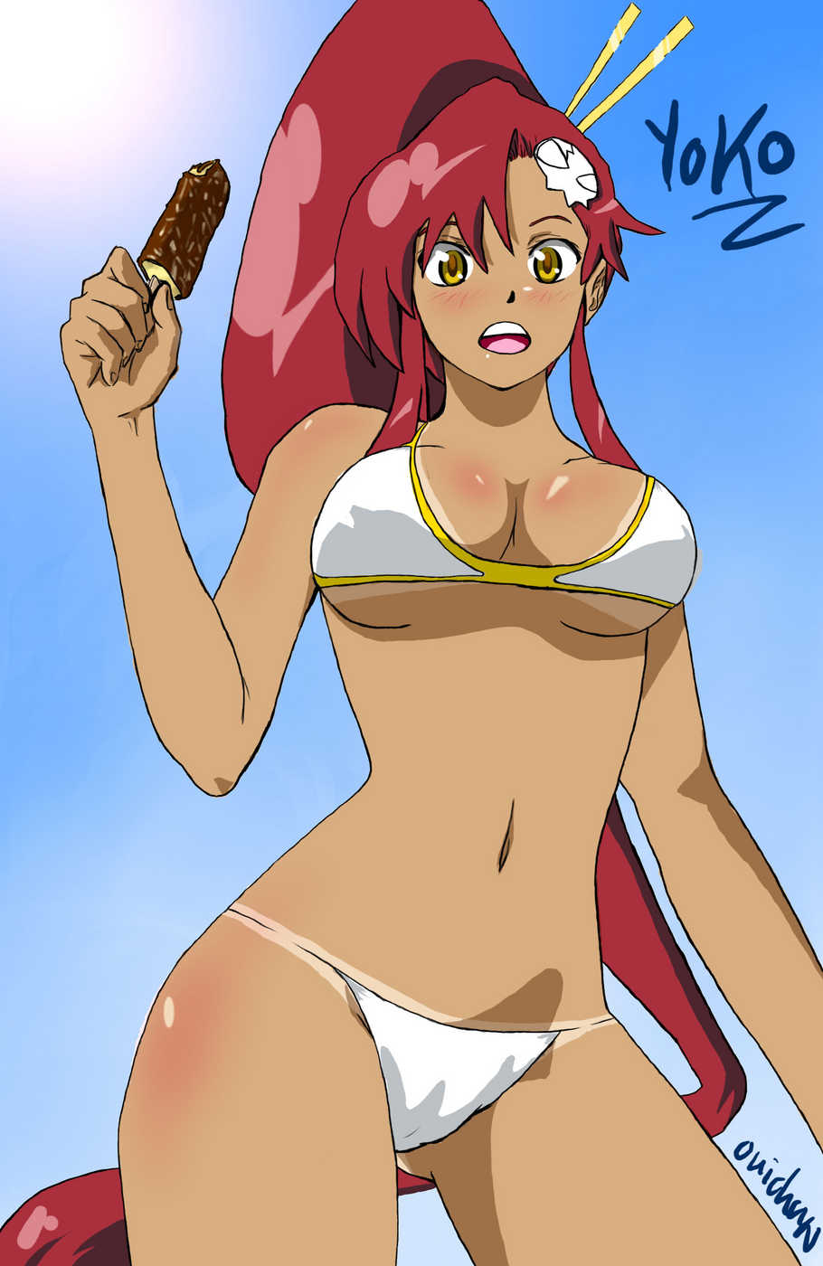 yoko littner, tengen toppa gurren lagann, highres, 00s, bikini, breasts, cleavage, dark skin, long hair, popsicle, red hair, skull, swimsuit, yellow eyes