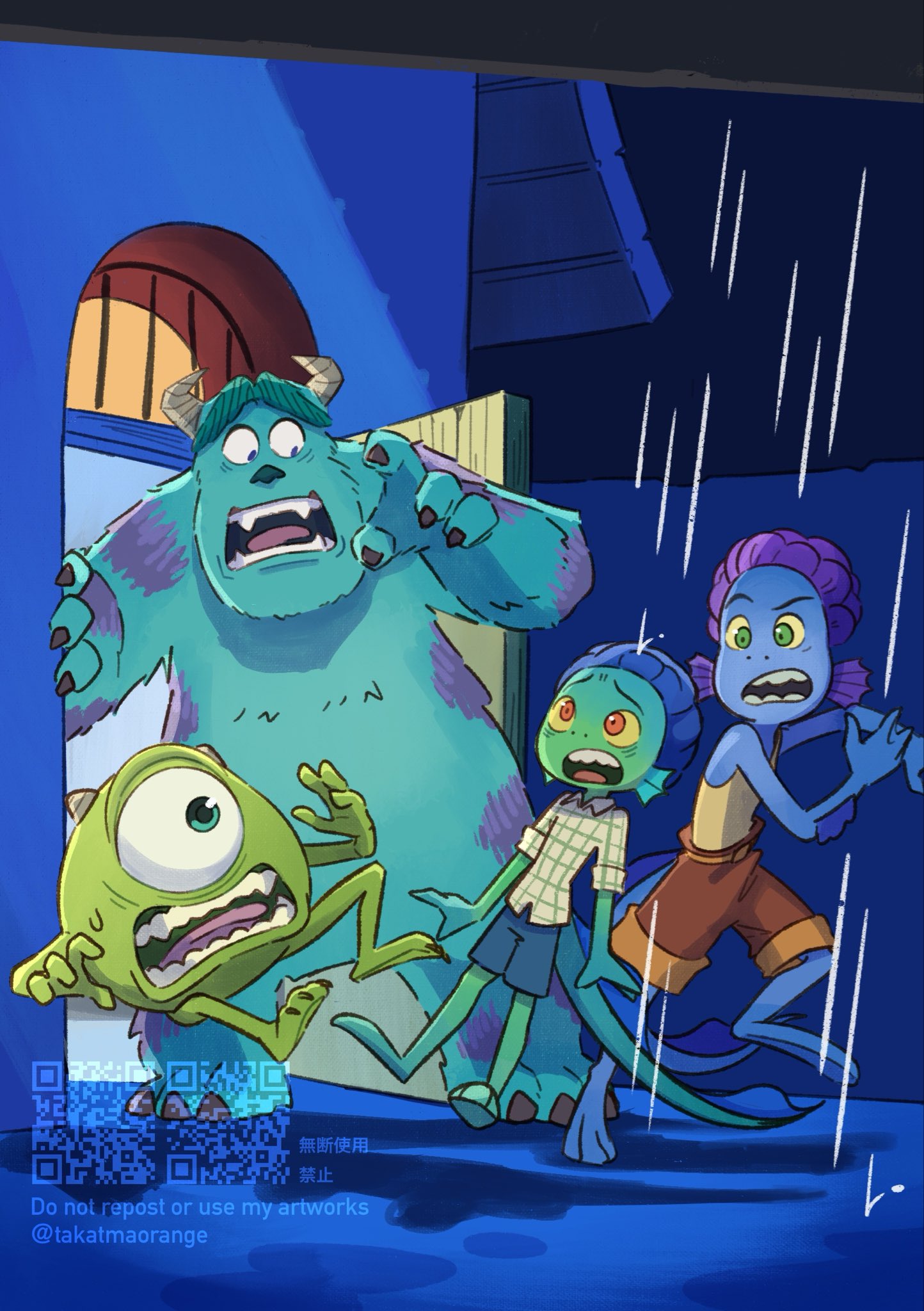 takatmaorange, alberto scorfano, james p. sullivan, luca paguro, mike wazowski, luca (pixar), monsters inc., pixar, commentary, highres, 4boys, barefoot, company connection, dark-skinned male, dark skin, looking at another, male focus, monster, multiple boys, rain, red eyes