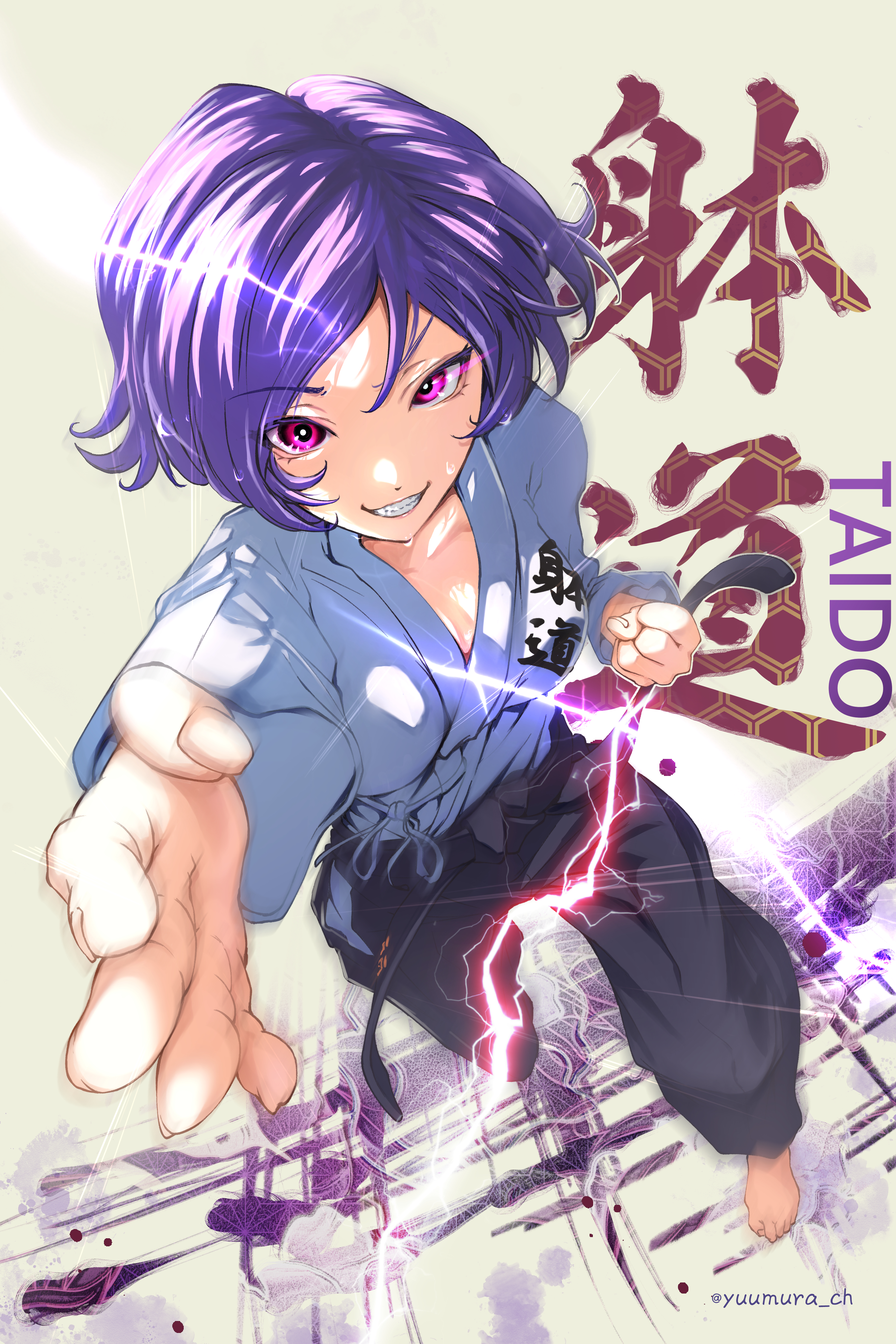 yuumura ch, reina (tekken), tekken, tekken 8, absurdres, commentary, english commentary, highres, mixed-language commentary, 1girl, barefoot, clenched hand, feet, from above, martial arts belt, purple hair, short hair, solo, sweat, teeth, toes, twitter username
