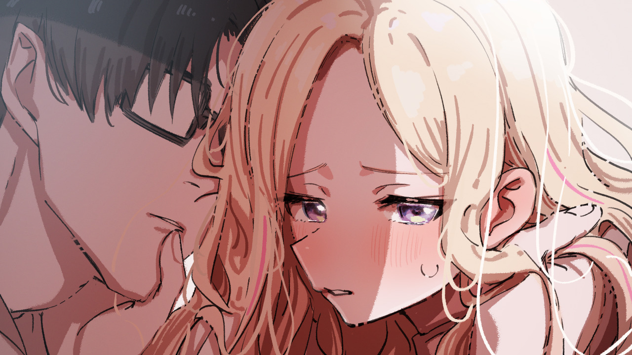 kasasagi (futagodori888), juo sena, producer (idolmaster), gakuen idolmaster, idolmaster, commentary request, 1boy, 1girl, averting eyes, black-framed eyewear, black hair, blonde hair, blush, forehead, glasses, hand in another's hair, hetero, long hair, multicolored hair, pink hair, purple eyes, short hair, streaked hair, two-tone hair