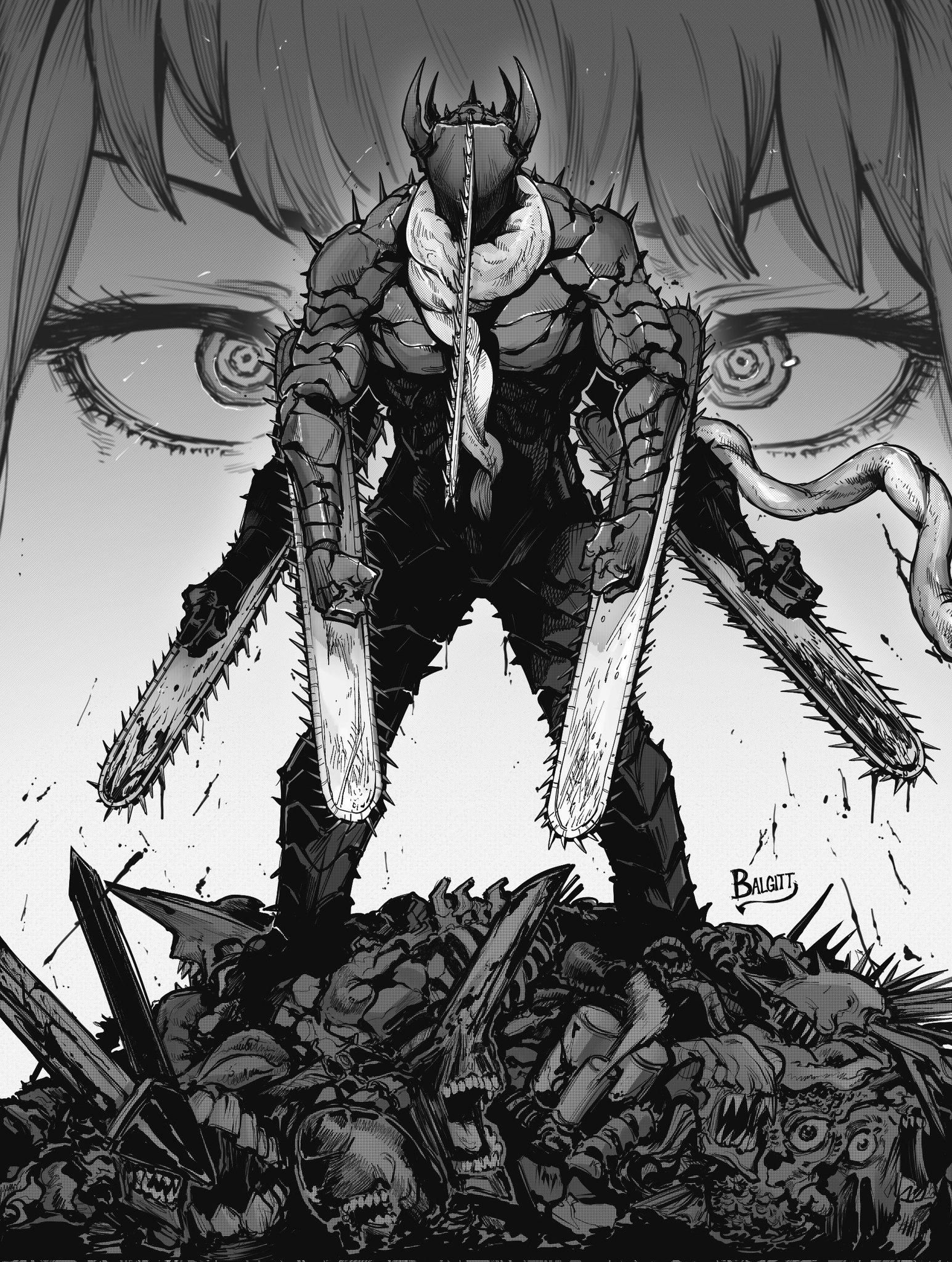 victorbalgitt, chainsaw devil, makima (chainsaw man), chainsaw man, highres, blood, bloody weapon, chainsaw, extra arms, greyscale, horns, intestine clothing, intestines, male focus, monochrome, no eyes, open mouth, ringed eyes, scarf, sharp teeth, teeth, weapon