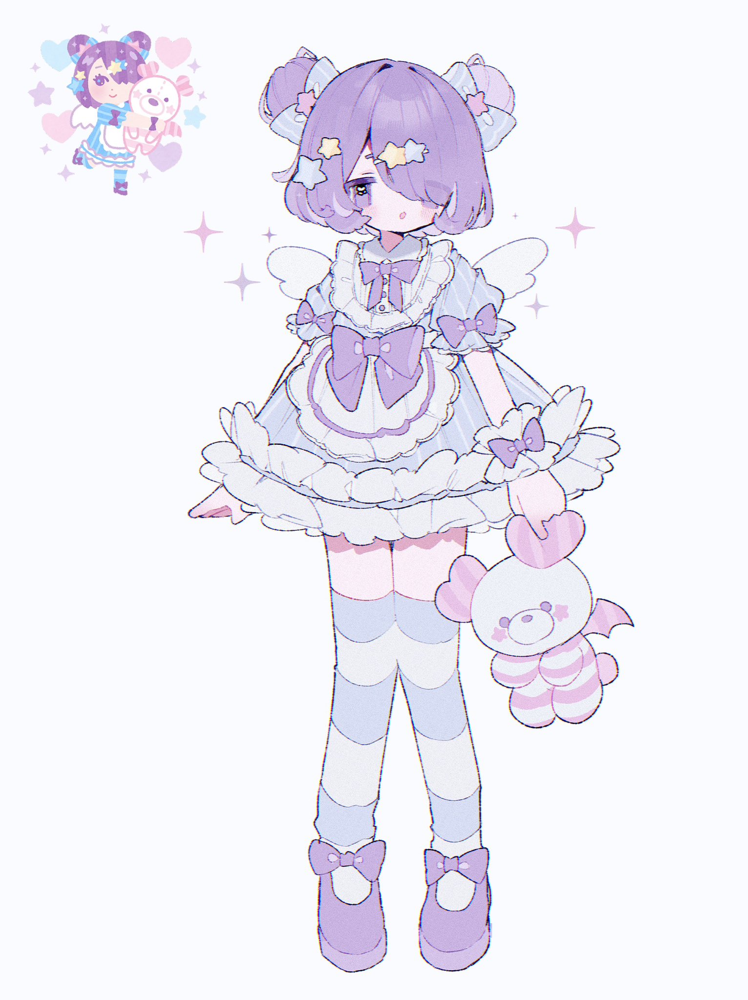 upa papa co, irasutoya, commentary request, highres, 1girl, :o, blue dress, blue thighhighs, blush, bow, bowtie, double bun, dress, eyes visible through hair, footwear bow, frilled dress, frilled wrist cuffs, frills, full body, hair bun, hair ornament, hair over one eye, holding, holding stuffed toy, irasutoya challenge, open mouth, purple bow, purple bowtie, purple eyes, purple hair, purple shoes, reference inset, shoes, short hair, simple background, sleeve bow, solo, standing, star (symbol), star hair ornament, striped clothes, striped thighhighs, stuffed animal, stuffed toy, teddy bear, thighhighs, white background, wrist cuffs
