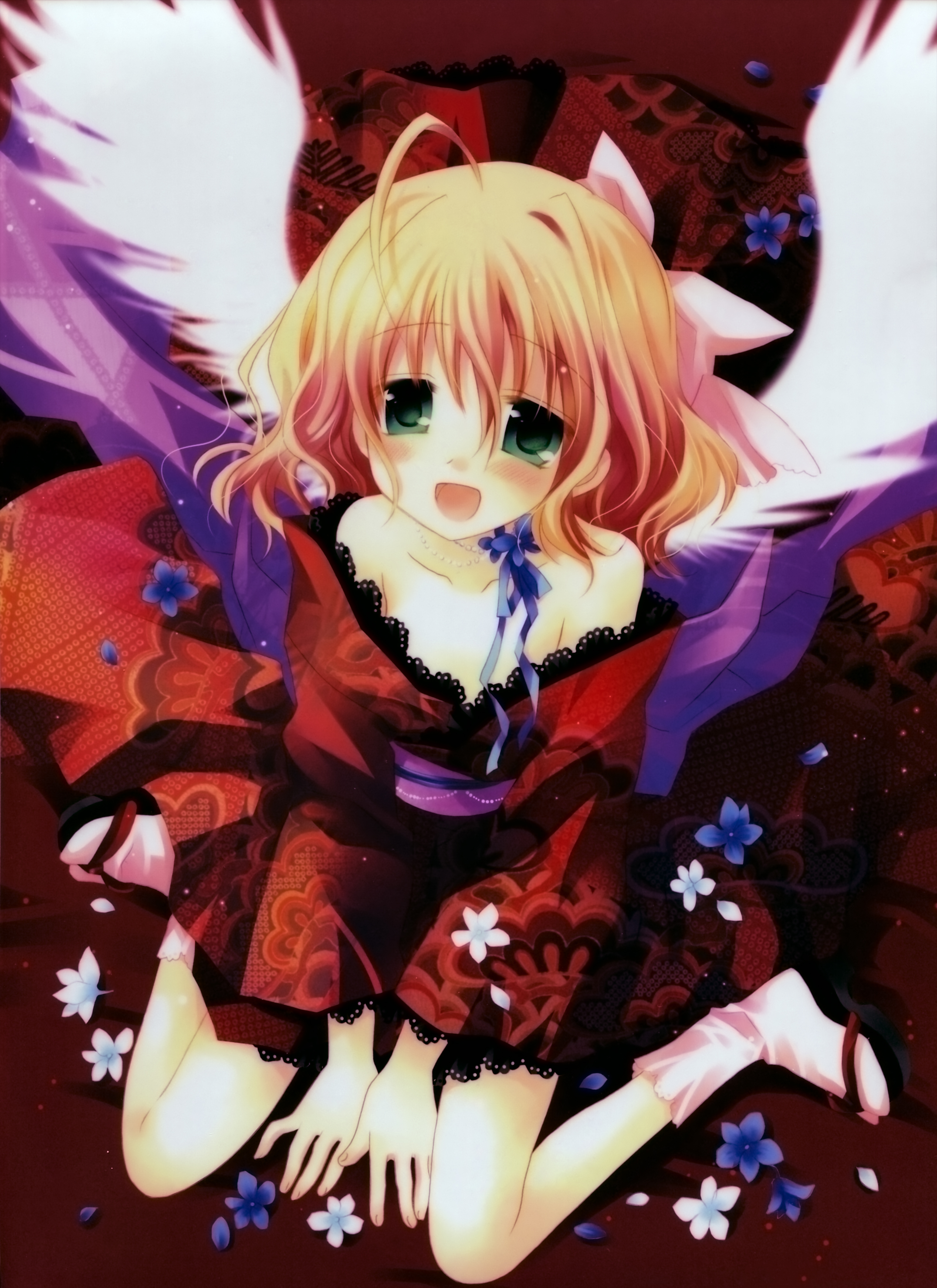 sakurazawa izumi, absurdres, highres, flower, green eyes, japanese clothes, kimono, orange hair, short hair, solo, wings