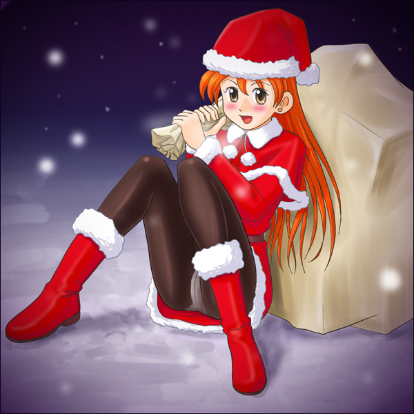lielos, 1girl, blush, boots, brown eyes, crotch seam, female focus, hat, long hair, panties, panties under pantyhose, pantyhose, pantyshot, red hair, sack, santa costume, sitting, snow, solo, underwear