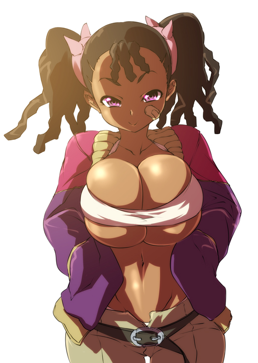nekomamire, ayukawa miyuki, basquash!, 00s, 1girl, bandages, bandaid, bandaid on face, belt, black hair, breasts, brown hair, bursting breasts, cleavage, dark-skinned female, dark skin, dreadlocks, female focus, groin, huge breasts, midriff, purple eyes, simple background, solo, twintails, underboob, very dark skin, white background