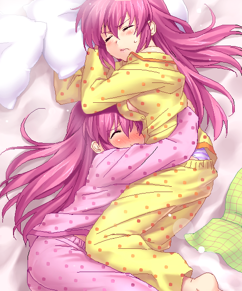 zen, futaki kanata, saigusa haruka, little busters!, 2girls, barefoot, bed, hug, incest, long hair, multiple girls, oekaki, pajamas, panties, pillow, purple hair, siblings, sisters, striped clothes, striped panties, underwear, yuri