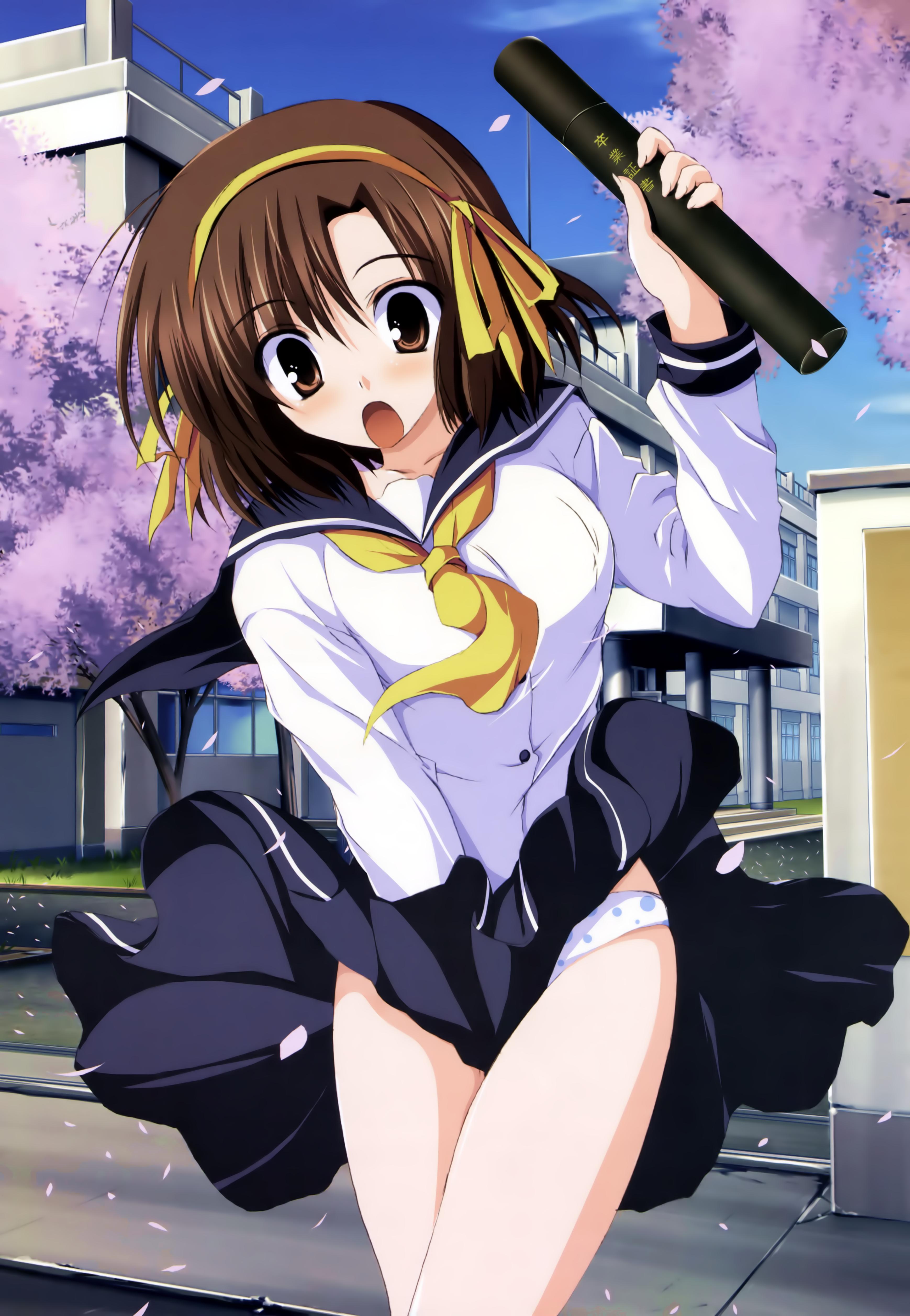 tsukinon, suzumiya haruhi, dengeki hime, suzumiya haruhi no yuuutsu, absurdres, highres, 00s, 1girl, blue panties, blush, brown eyes, brown hair, covering crotch, covering privates, embarrassed, female focus, graduation, hair ribbon, neckerchief, panties, pantyshot, polka dot, polka dot panties, ribbon, school uniform, serafuku, skirt, skirt tug, solo, standing, surprised, underwear, upskirt, wind, wind lift