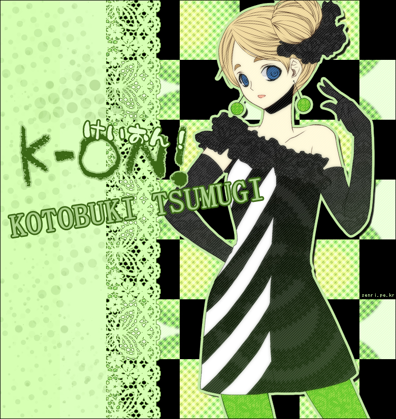 senri (nazerine), kotobuki tsumugi, don't say "lazy", k-on!, 00s, 1girl, bare shoulders, blonde hair, blue eyes, dress, earrings, elbow gloves, empty eyes, female focus, gloves, green pantyhose, hair bun, hair ribbon, jewelry, lace, pantyhose, ribbon, short hair, single hair bun, solo