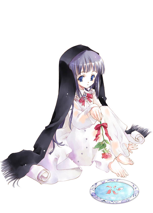 sumi keiichi, arm support, barefoot, black hair, blue eyes, dishes, feet, flower, petals, ribbon, rose, scarf, sitting, solo