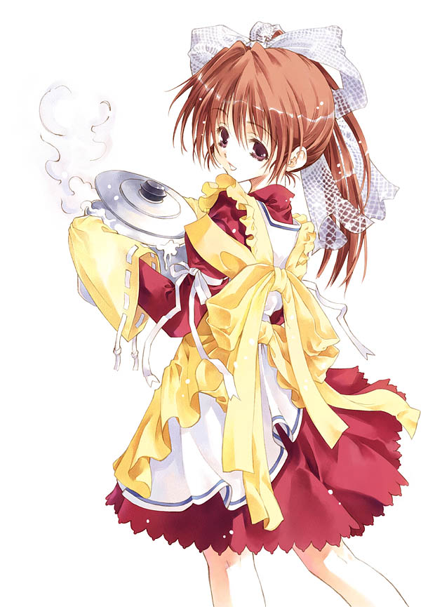 sumi keiichi, apron, brown hair, cooking, cooking pot, dress, gloves, hair ribbon, looking back, ponytail, ribbon, solo