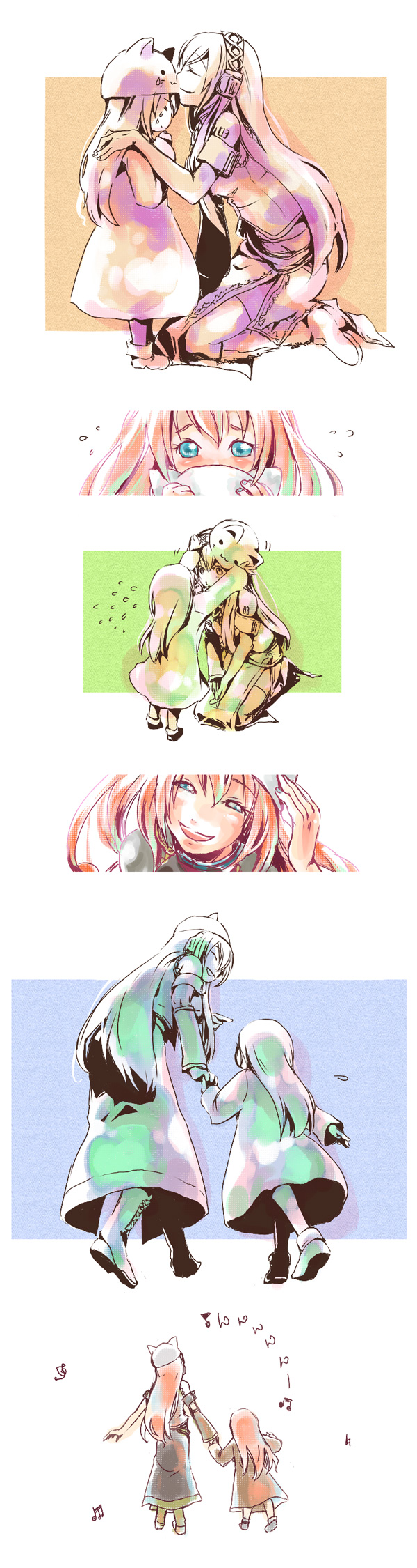gyorui (toura minato), plus7, megurine luka, megurine luka (toeto), toeto (vocaloid), vocaloid, highres, long image, tall image, animal hat, cat hat, comic, hat, long hair, silent comic, time paradox, very long hair