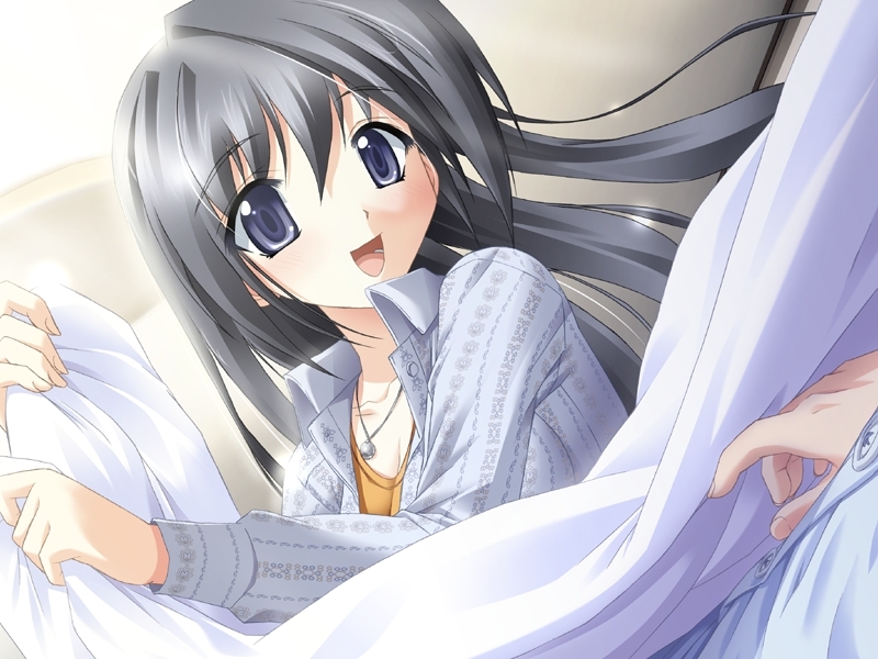yamino kenji, tokisaka hazuki, koimomo, game cg, 1girl, bed, bed sheet, black hair, blue eyes, dutch angle, jewelry, long hair, male hand, necklace, open mouth, purple eyes, smile