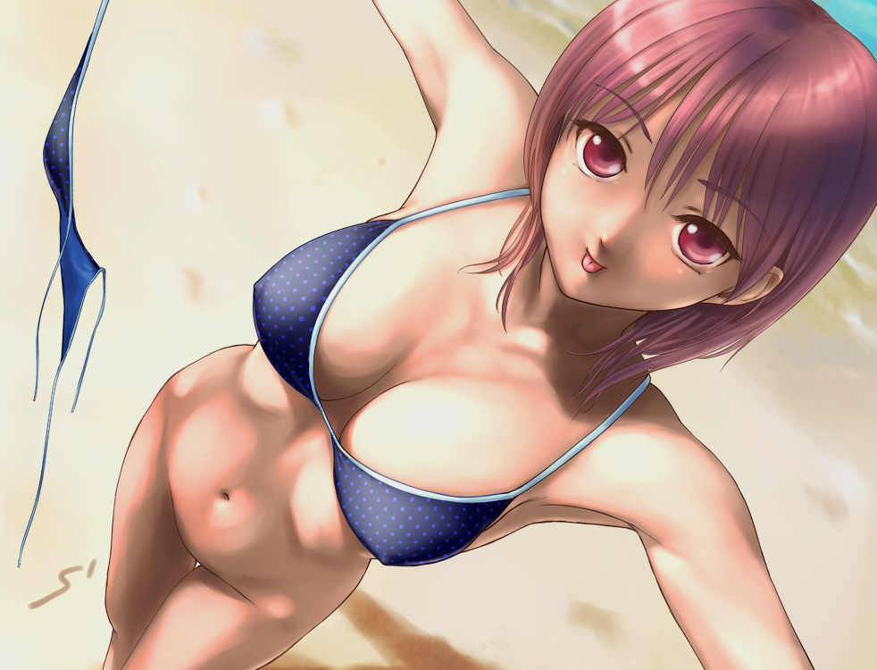 rasukaru, original, 1girl, :p, beach, bikini, bottomless, breasts, cleavage, day, female focus, from above, groin, large breasts, navel, outdoors, red eyes, red hair, short hair, solo, swimsuit, tongue, tongue out, unworn bikini bottom, unworn clothes