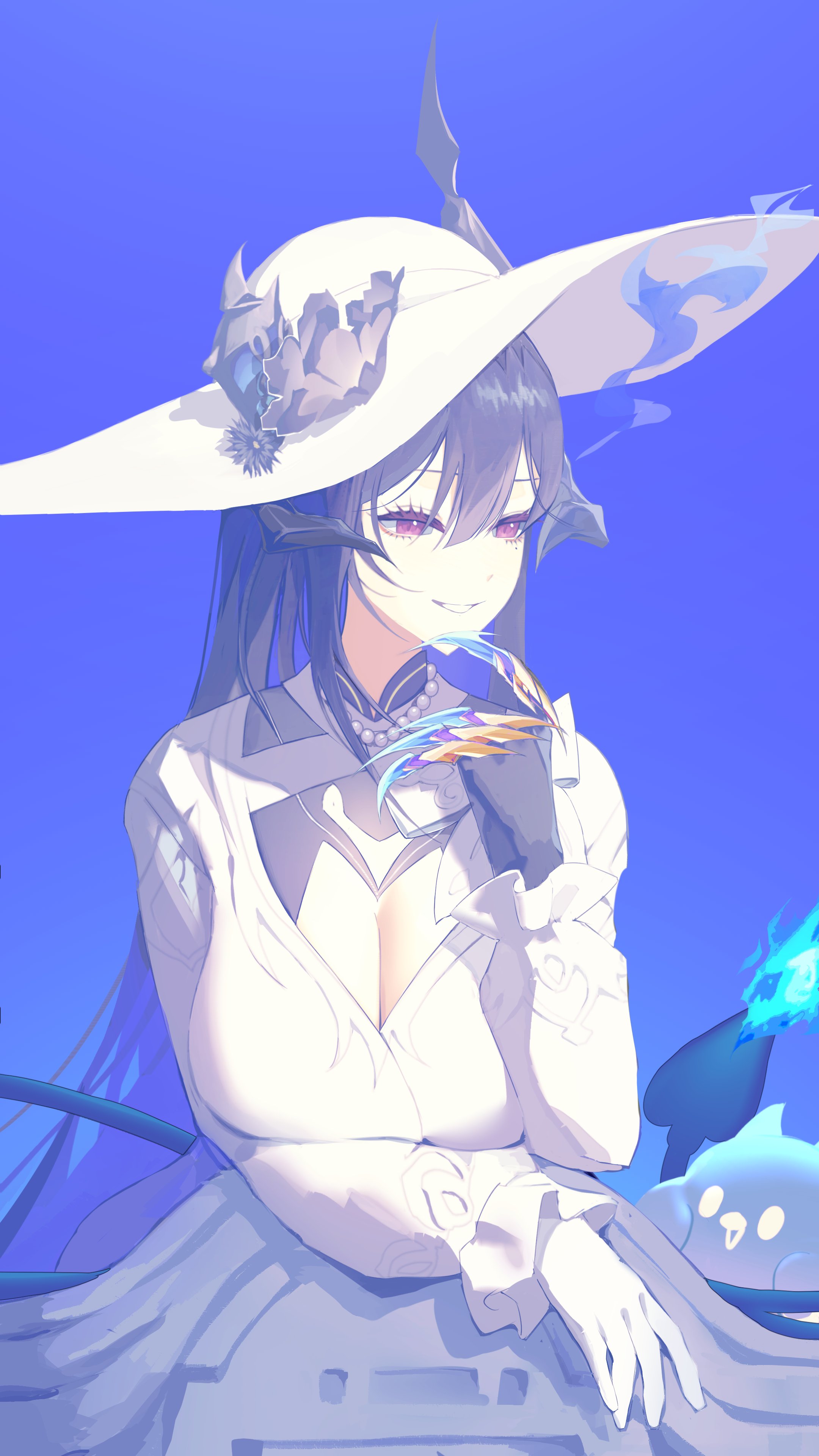 thekaiyip, constance (honkai: star rail), nerissa ravencroft, hololive, hololive english, absurdres, highres, 1girl, asymmetrical horns, black hair, blue hair, breasts, colored inner hair, constance (honkai: star rail) (cosplay), cosplay, demon horns, dress, flower, frilled sleeves, frills, gloves, hat, hat flower, horns, horns through headwear, large breasts, long hair, mole, mole under eye, multicolored hair, puffy sleeves, red eyes, virtual youtuber, white dress, white gloves, white hat