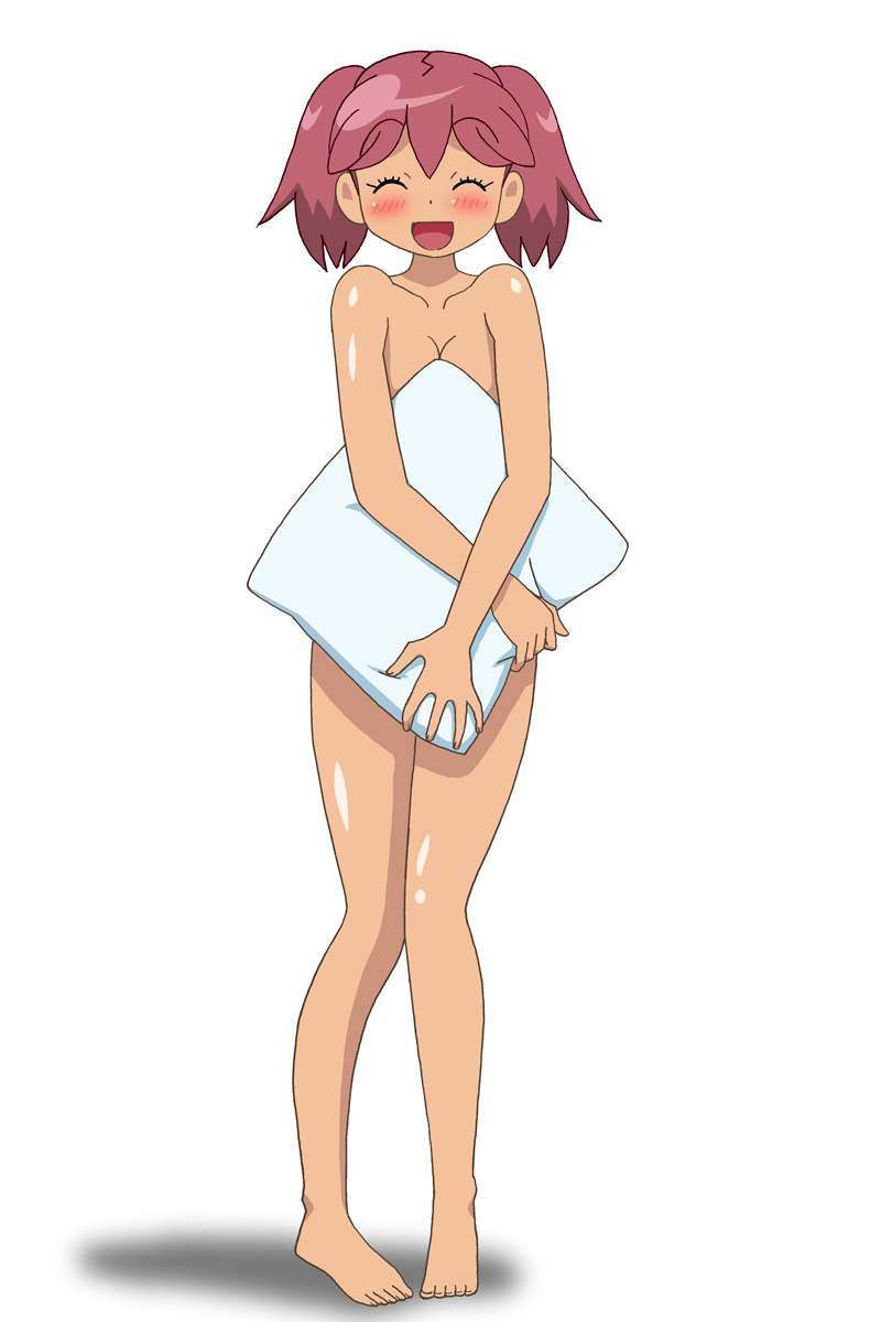 anifamu, hinata natsumi, keroro gunsou, highres, 1girl, barefoot, blush, breasts, completely nude, convenient censoring, covering breasts, covering privates, feet, full body, holding, holding pillow, looking at viewer, nude, open mouth, pillow, pink hair, short hair, simple background, smile, solo, twintails