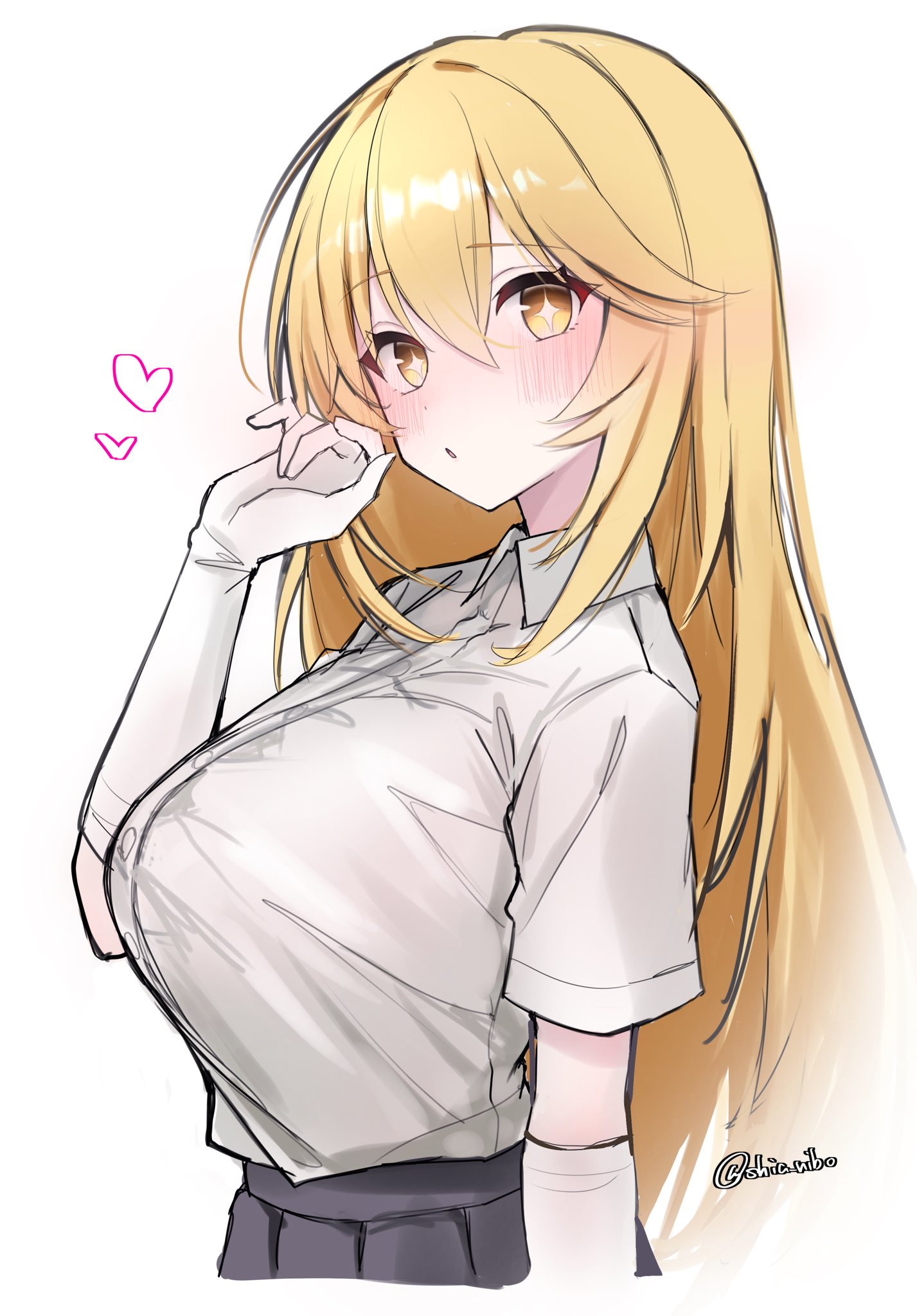 nibo shia, shokuhou misaki, toaru majutsu no index, commentary request, highres, 1girl, adjusting hair, alternate breast size (larger), blonde hair, blush, breasts, bright pupils, collared shirt, elbow gloves, gloves, grey skirt, huge breasts, long hair, looking at viewer, school uniform, shirt, shirt tucked in, short sleeves, skirt, solo, star-shaped pupils, star (symbol), summer uniform, symbol-shaped pupils, tokiwadai school uniform, twitter username, very long hair, white gloves, white pupils, white shirt, yellow eyes