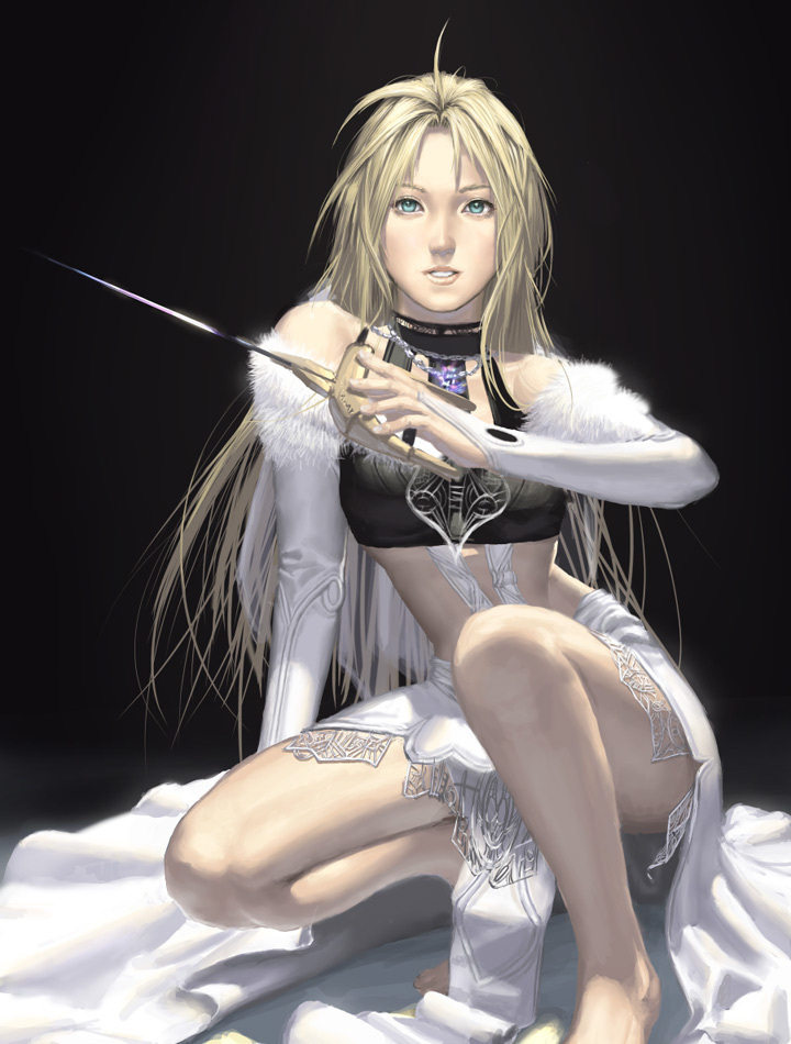 idnar, character request, tagme, blonde hair, choker, green eyes, long hair, rapier, squatting, sword, thighhighs, weapon