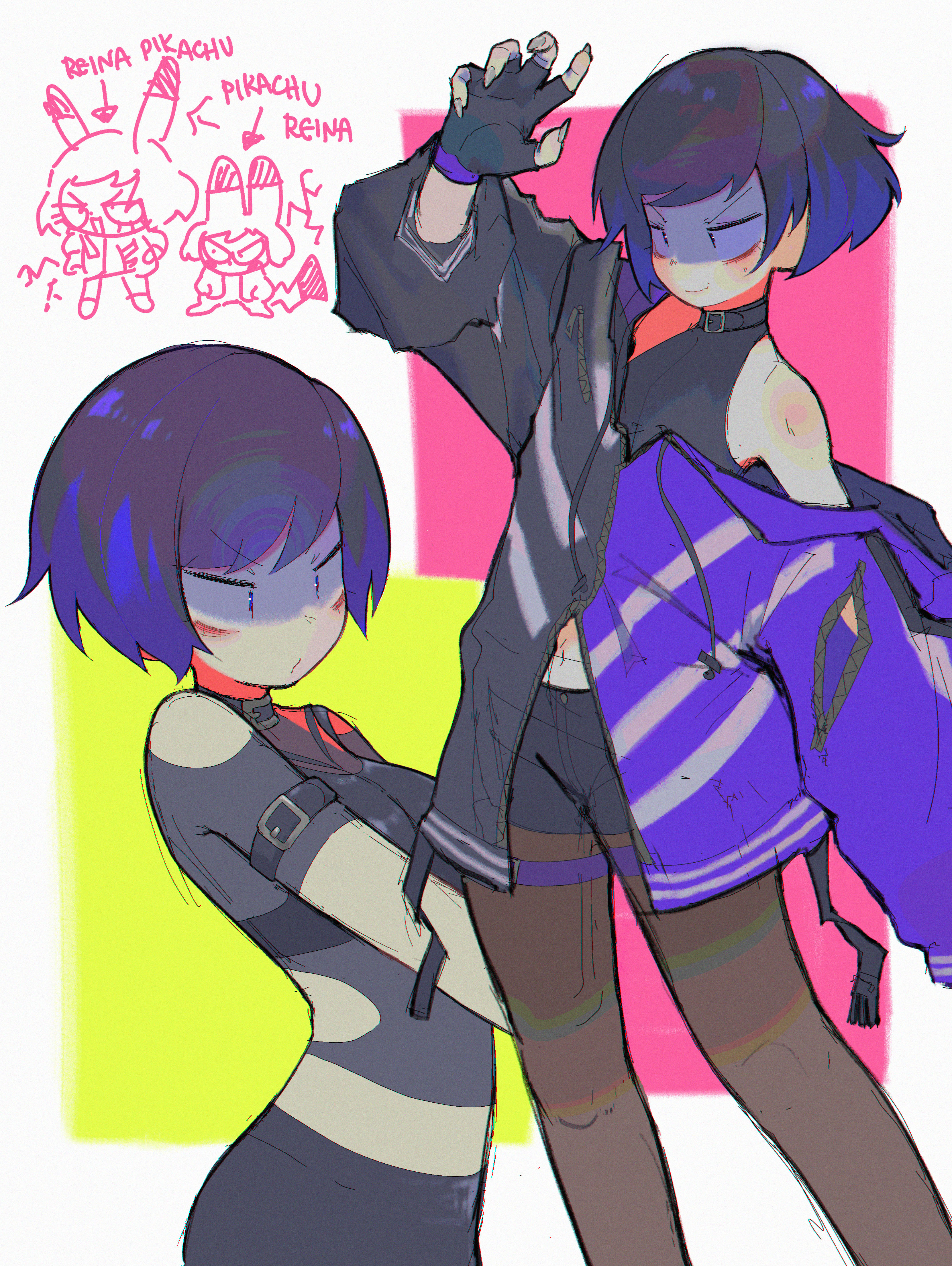 pyoko (sandwicha), pikachu, reina (tekken), tekken, tekken 8, absurdres, commentary, highres, 1girl, fingerless gloves, fingernails, gen 1 pokemon, gloves, hood, hood down, jacket, purple jacket, sharp fingernails, short hair, zipper