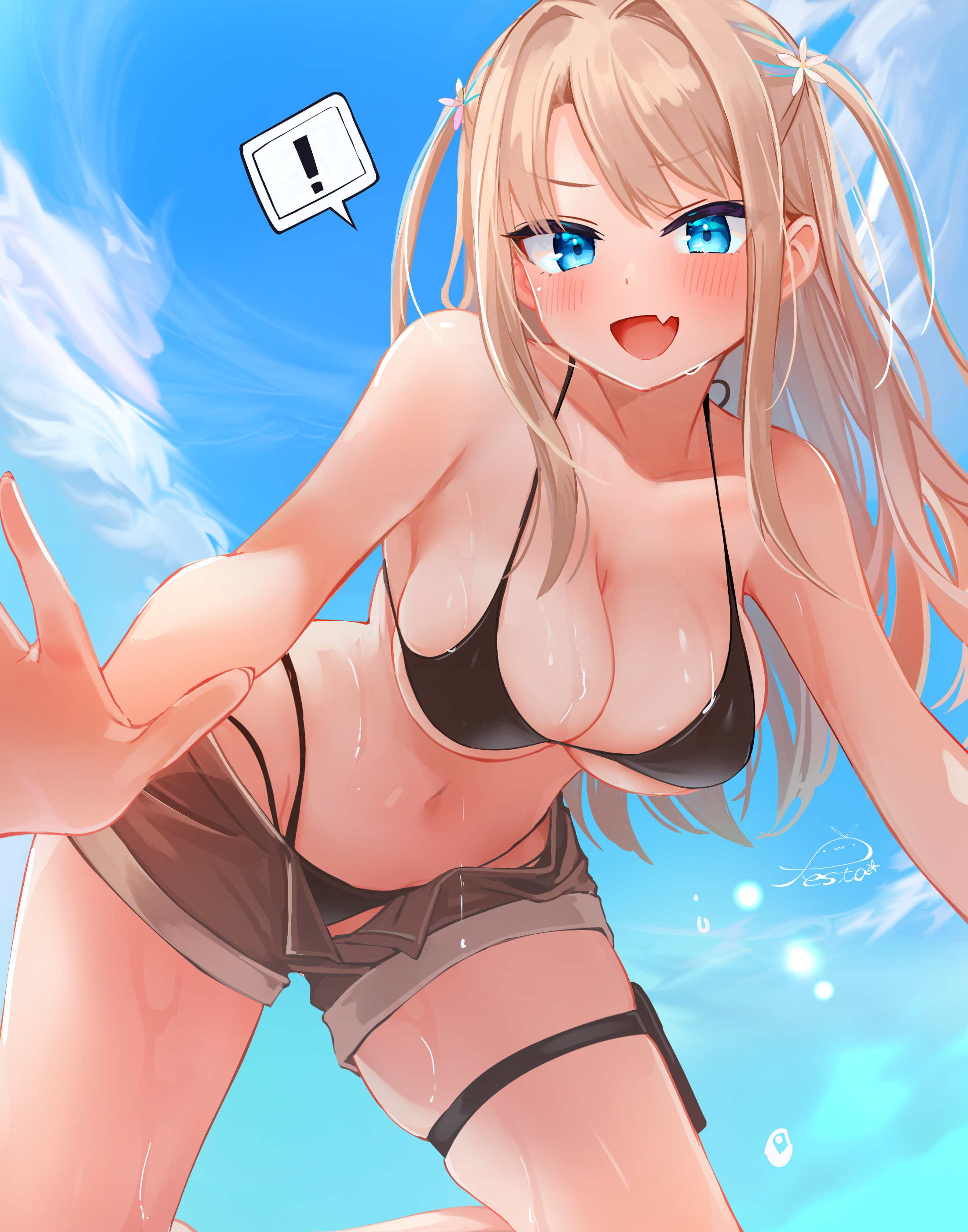 festa11307070, original, !, 1girl, :d, all fours, bare arms, bare shoulders, bikini, bikini under clothes, black bikini, blonde hair, blue eyes, blue sky, blue streaks, blush, breasts, brown shorts, cleavage, cloud, fang, flower, from below, hair flower, hair ornament, halterneck, large breasts, legs apart, long hair, long sidelocks, looking at viewer, multi-strapped bikini bottom, multicolored hair, navel, open clothes, open mouth, open shorts, outdoors, outstretched arm, parted bangs, short shorts, shorts, sidelocks, skin fang, skindentation, sky, smile, solo, spoken exclamation mark, streaked hair, string bikini, swimsuit, thigh strap, two side up, v-shaped eyebrows, wet