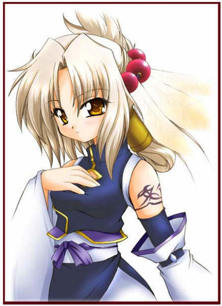 tenrou kunagi, dai (series), daibanchou, jpeg artifacts, 1girl, blonde hair, blush, elbow gloves, female focus, gloves, hand on another's chest, hand on own chest, solo, tattoo, yellow eyes