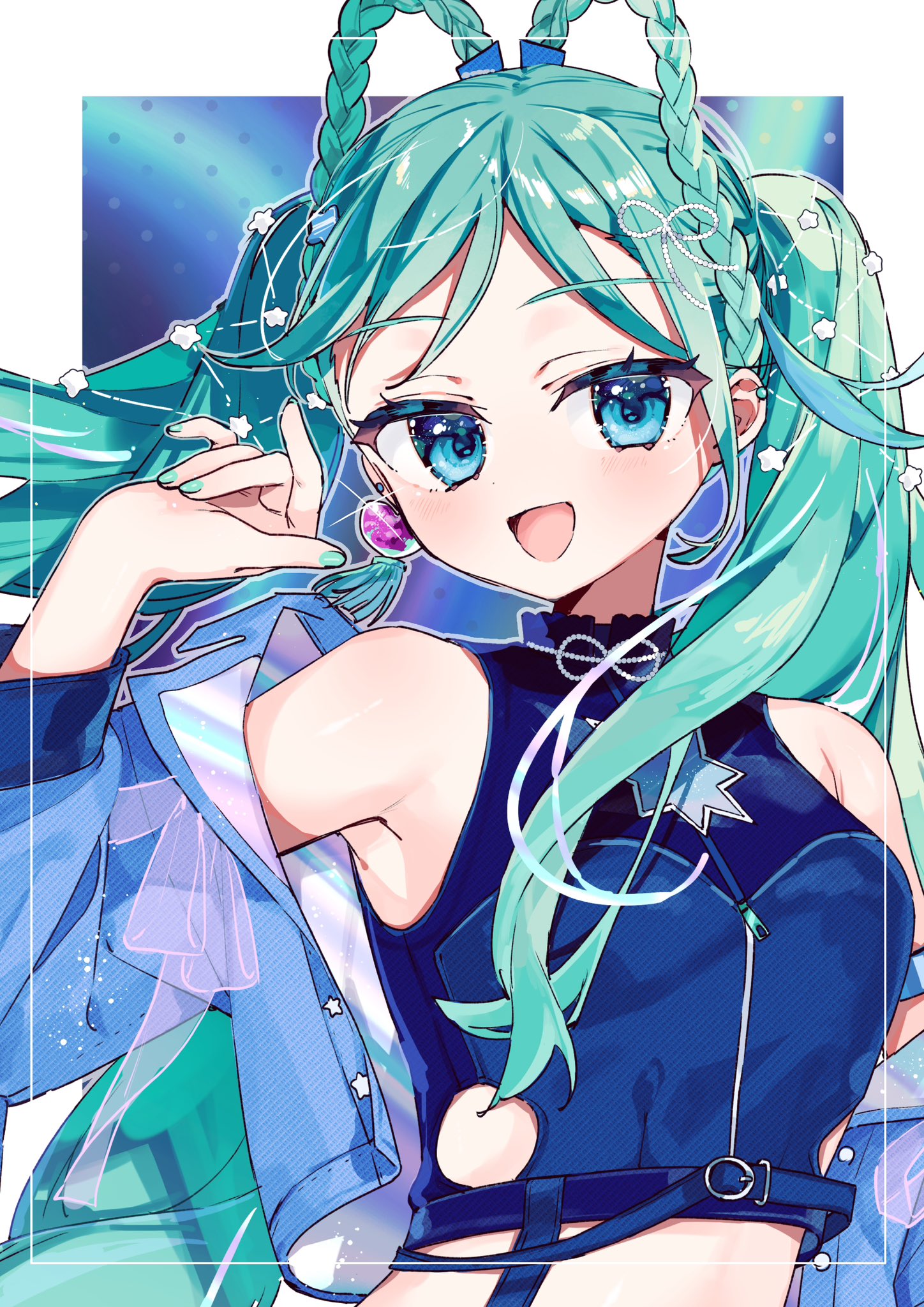 tsuchinoko (tutituti0125), hatsune miku, magical mirai miku, magical mirai miku (2025), magical mirai (vocaloid), vocaloid, highres, 1girl, aqua hair, aqua nails, blue eyes, blue jacket, blush, braid, braided hair rings, breasts, crop top, earrings, hair rings, heart, heart earrings, jacket, jewelry, long hair, medium breasts, official alternate costume, official alternate hairstyle, open clothes, open jacket, open mouth, shirt, single earring, sleeveless, sleeveless shirt, smile, solo, twintails, upper body, very long hair