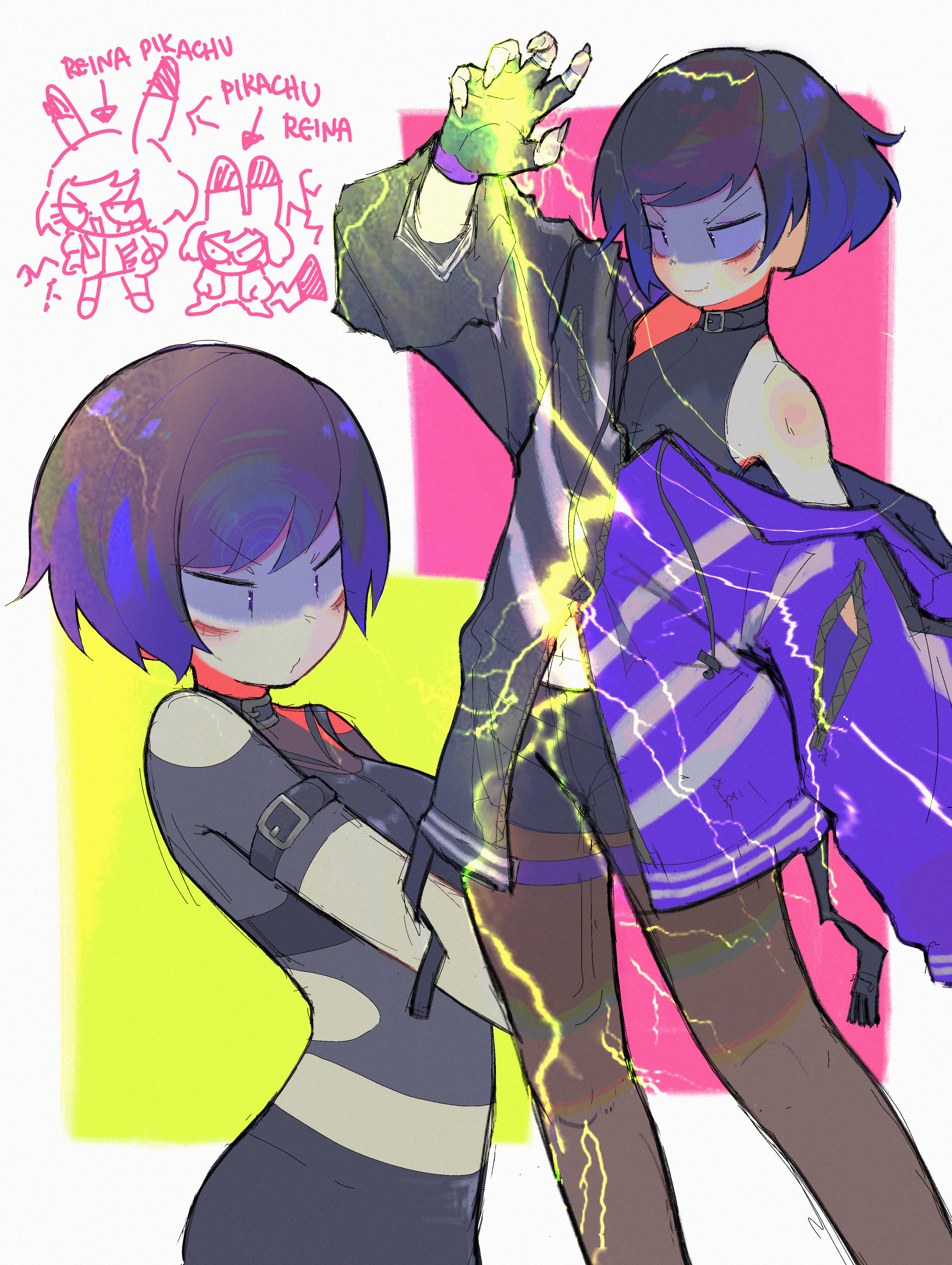 pyoko (sandwicha), pikachu, reina (tekken), tekken, tekken 8, absurdres, commentary, highres, 1girl, electricity, electrokinesis, fingerless gloves, fingernails, gen 1 pokemon, gloves, hood, hood down, jacket, purple jacket, sharp fingernails, short hair, zipper