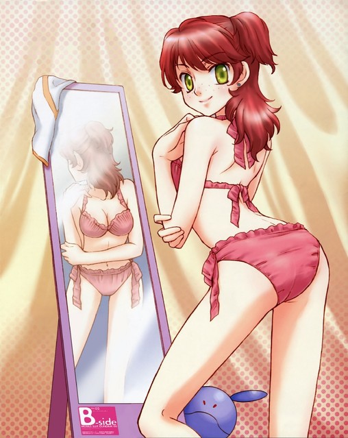 shirakawa ayako, bad haro, nena trinity, gundam, gundam 00, 00s, 1girl, ass, blush, bra, breasts, cleavage, earrings, female focus, freckles, jewelry, lingerie, long hair, mirror, panties, red hair, reflection, side-tie panties, smile, solo, thighhighs, underwear, yellow eyes