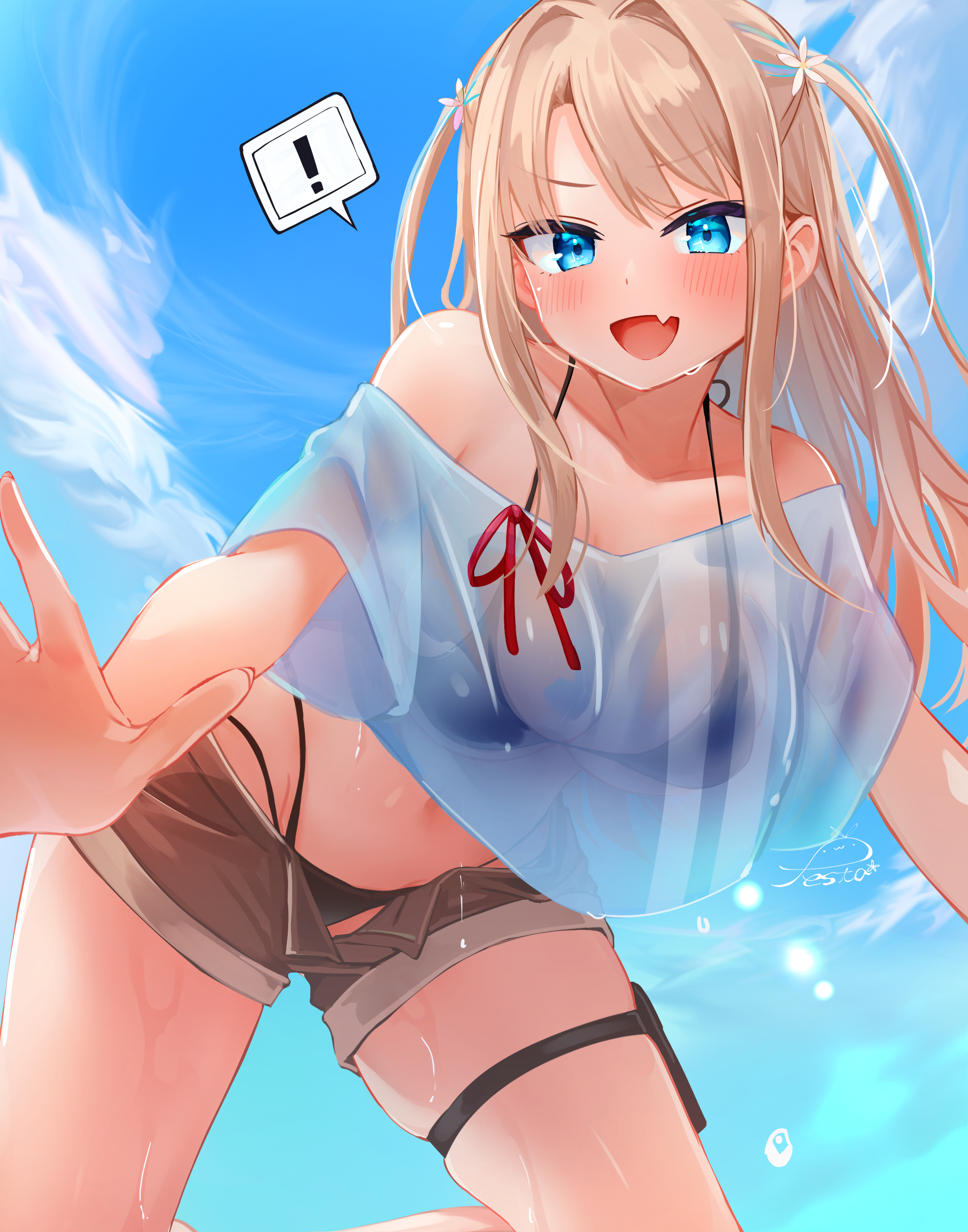 festa11307070, original, !, 1girl, :d, all fours, bare shoulders, bikini, bikini under clothes, black bikini, blonde hair, blue eyes, blue sky, blue streaks, blush, breasts, brown shorts, cloud, cropped shirt, fang, flower, from below, hair flower, hair ornament, halterneck, large breasts, legs apart, long hair, long sidelocks, looking at viewer, multi-strapped bikini bottom, multicolored hair, navel, off shoulder, open clothes, open mouth, open shorts, outdoors, outstretched arm, parted bangs, see-through clothes, see-through shirt, shirt, short shorts, short sleeves, shorts, sidelocks, skin fang, skindentation, sky, smile, solo, spoken exclamation mark, streaked hair, string bikini, swimsuit, t-shirt, thigh strap, two side up, v-shaped eyebrows, wet, white shirt