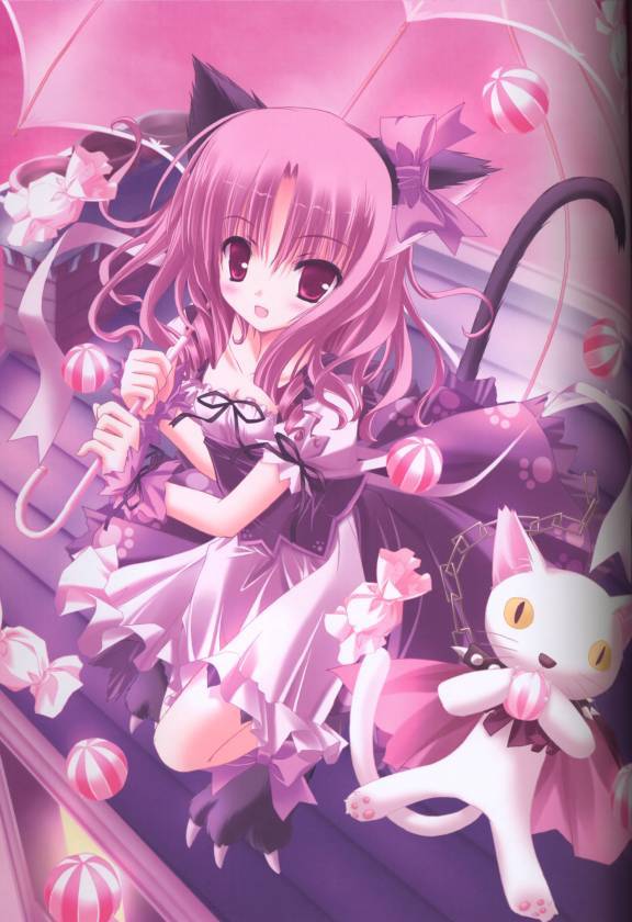 tagme, animal ears, blush, cat ears, cat tail, frills, open mouth, red eyes, red hair, ribbon, tail, umbrella