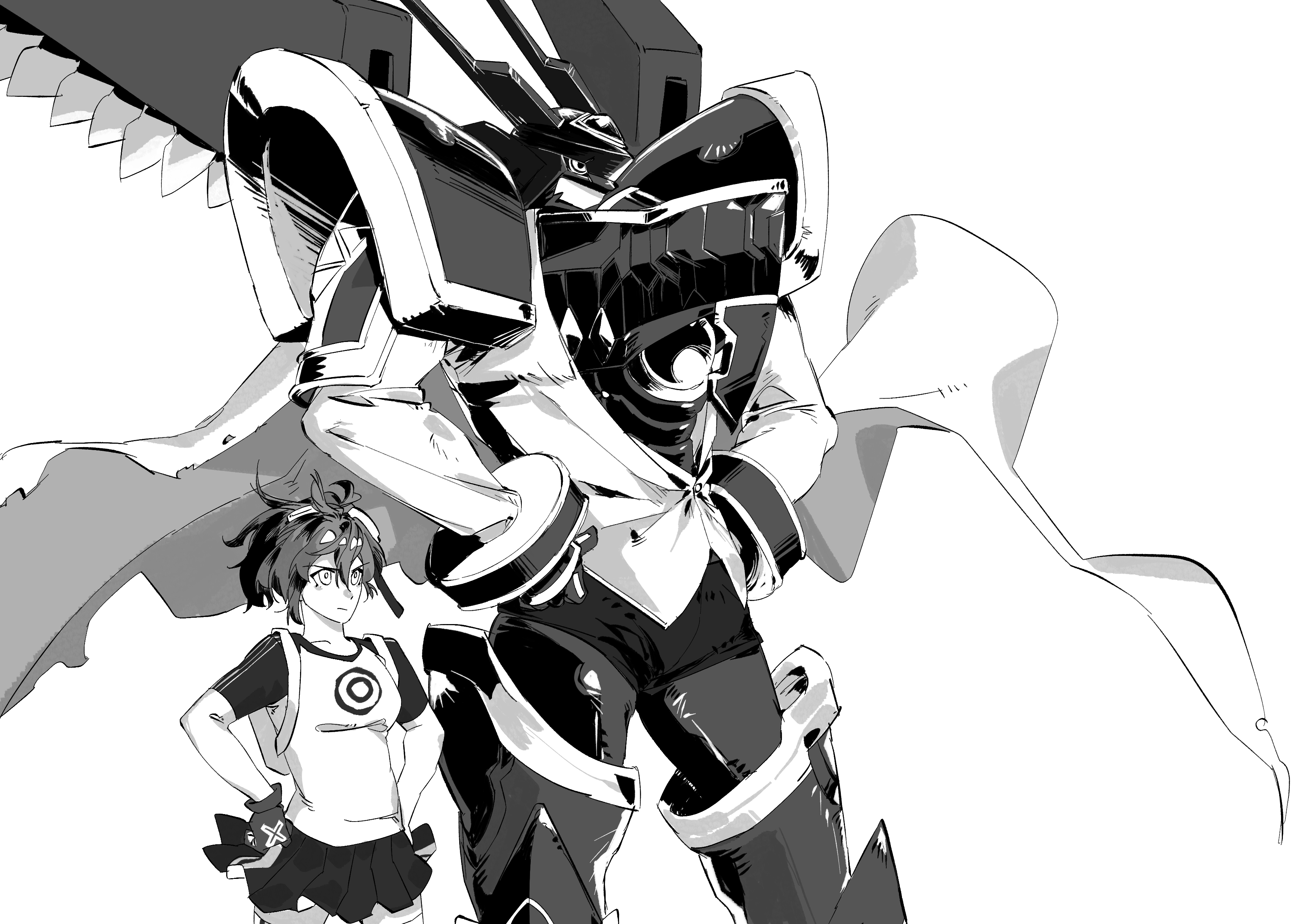 dawu233, aiba ami, alphamon, kuremi kyouko, digimon, digimon story: cyber sleuth, absurdres, highres, black helmet, black shirt, black skirt, breasts, digimon (creature), goggles, goggles on head, helmet, knight, multiple girls, pleated skirt, print shirt, red hair, shirt, side ponytail, simple background, skirt, thighhighs, two-tone shirt, white background, yellow shirt, yellow thighhighs