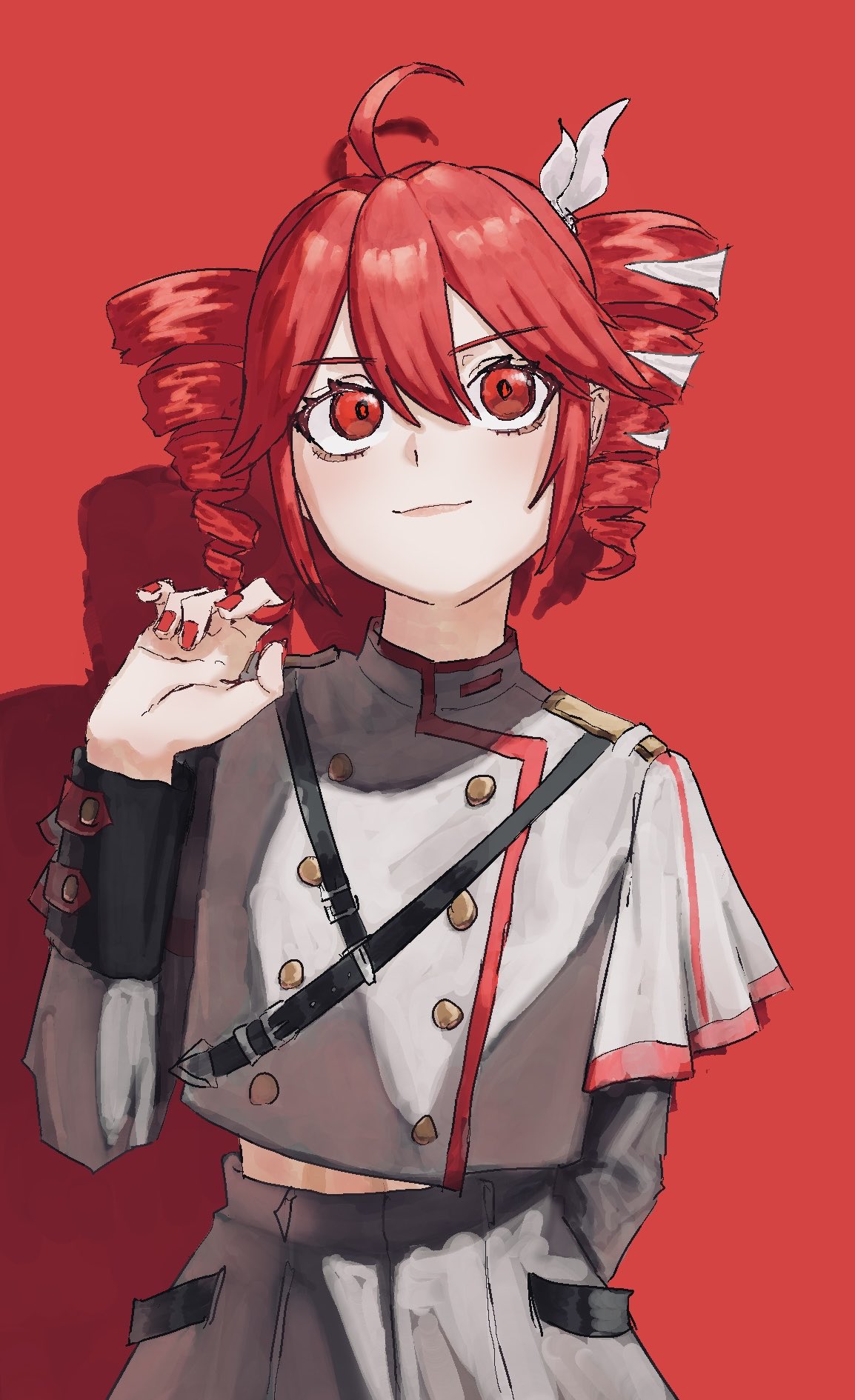 usujio, kasane teto, kasane teto (sv), synthesizer v, utau, commentary request, highres, 1girl, ahoge, buttons, double-breasted, drill hair, grey jacket, grey skirt, hair between eyes, hair ribbon, hand up, jacket, light smile, long sleeves, midriff peek, nail polish, playing with own hair, red background, red eyes, red hair, red nails, red trim, ribbon, shadow, shoulder belt, shoulder boards, simple background, skirt, sleeve cuffs, solo, straight-on, twin drills, upper body, white ribbon