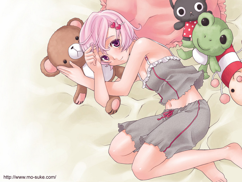 tagme, barefoot, blush, breasts, cleavage, hair ornament, hairpin, lying, mo-suke.com, navel, purple hair, smile, stuffed animal, stuffed toy, teddy bear
