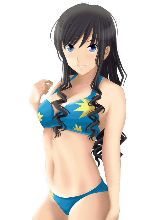 kishida-shiki, morishima haruka, amagami, 1girl, bikini, black hair, blue eyes, female focus, long hair, looking at viewer, navel, parted lips, smile, solo, swimsuit, wavy hair