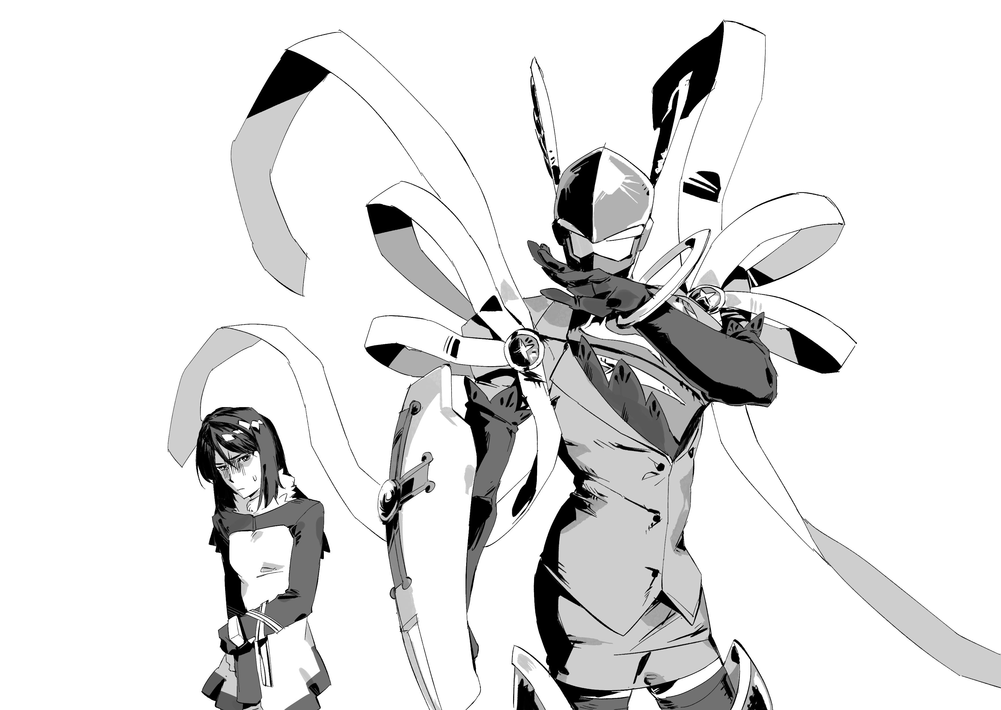 dawu233, kamishiro yuuko, kishibe rie, lordknightmon, digimon, digimon story: cyber sleuth, absurdres, highres, black hair, black pantyhose, breasts, cleavage, digimon (creature), dress, helmet, jacket, long hair, multiple girls, pantyhose, pink helmet, pink jacket, shirt, simple background, skirt, white dress