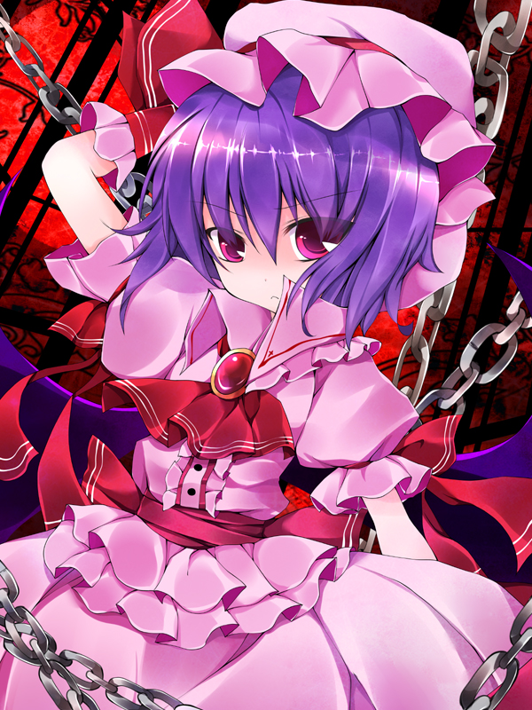 hoshikuzu, remilia scarlet, touhou, 1girl, blue hair, chain, dress, female focus, hat, purple eyes, short hair, solo